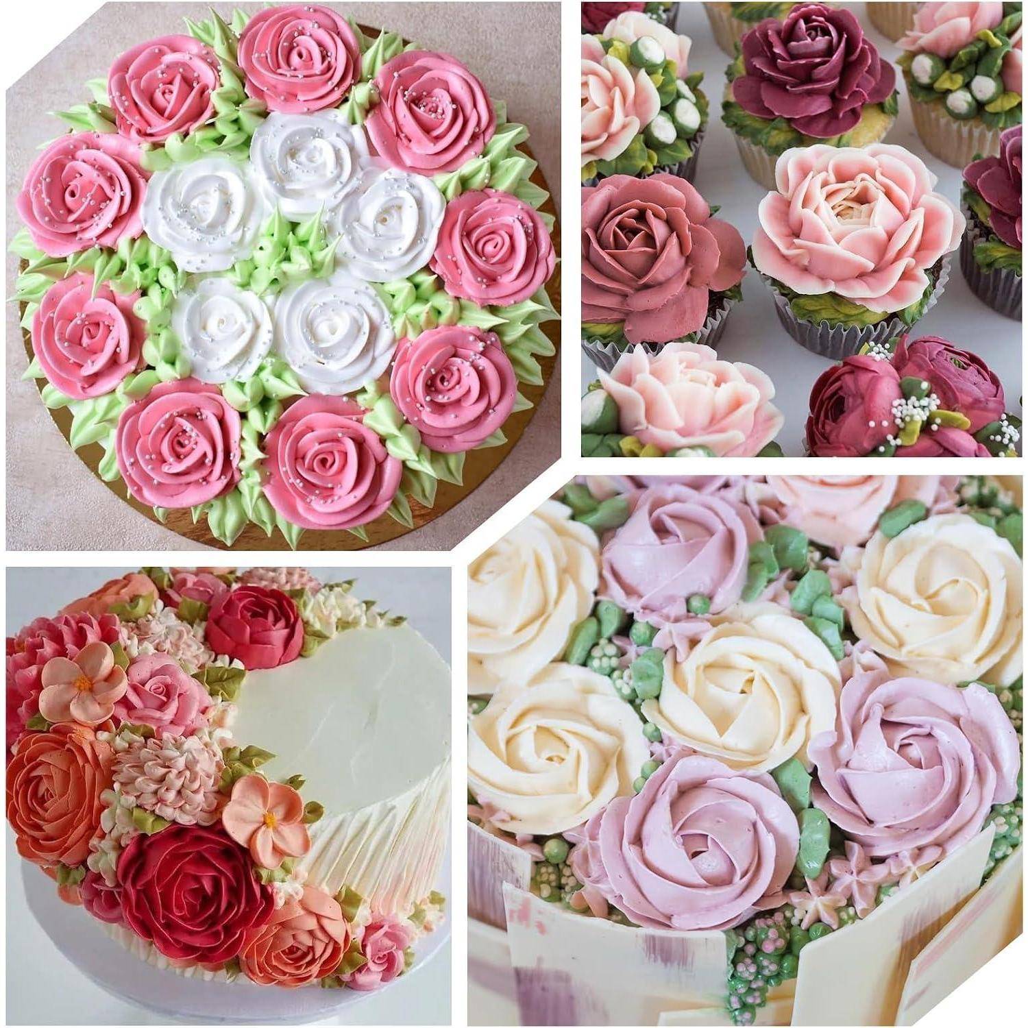 Collage von dekorierten Torten und Cupcakes mit realistischen Buttercreme-Rosen in Rosa, Weiß, Lila und Rot.