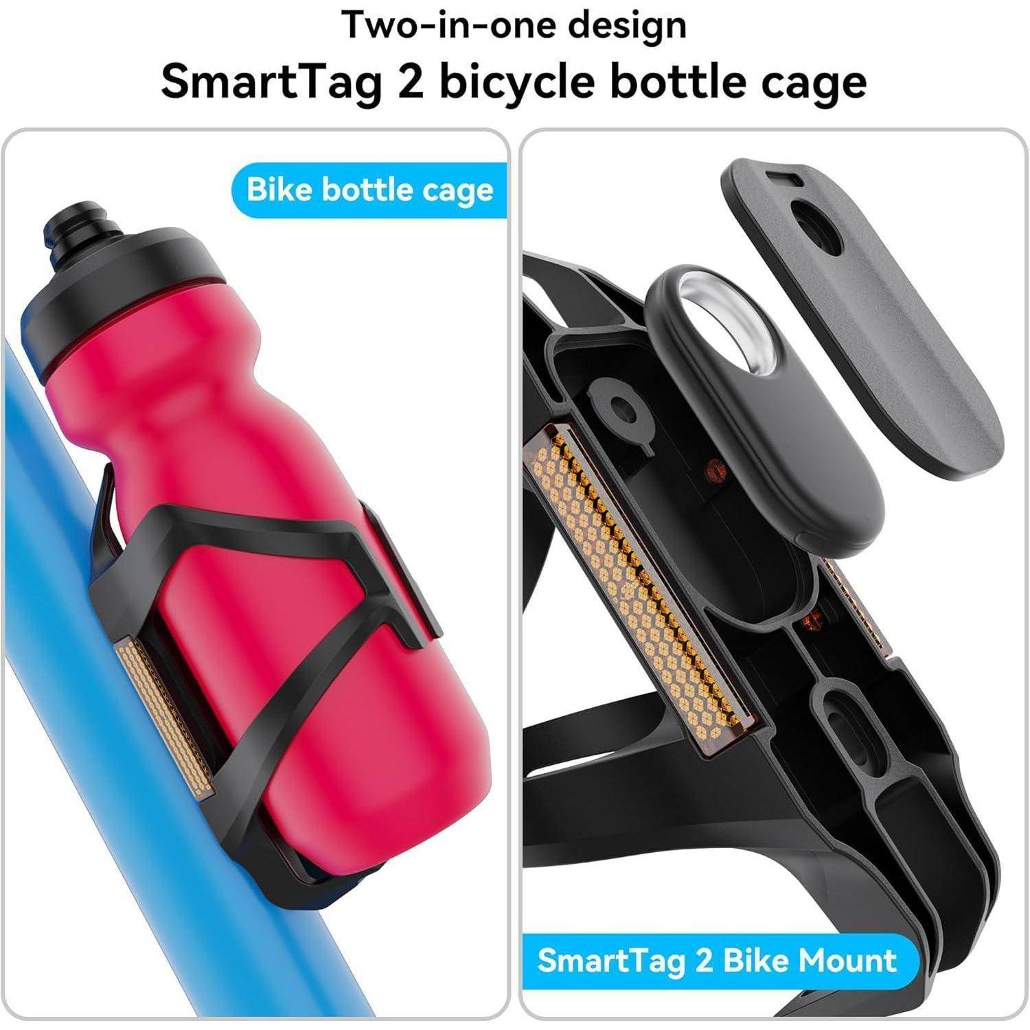 Werbegrafik eines Zwei-in-Eins-SmartTag-2-Fahrradverschlusses und Fahrradhalterung, die eine Wasserflasche im Verschluss befestigt zeigt und die Montageteile getrennt darstellt.