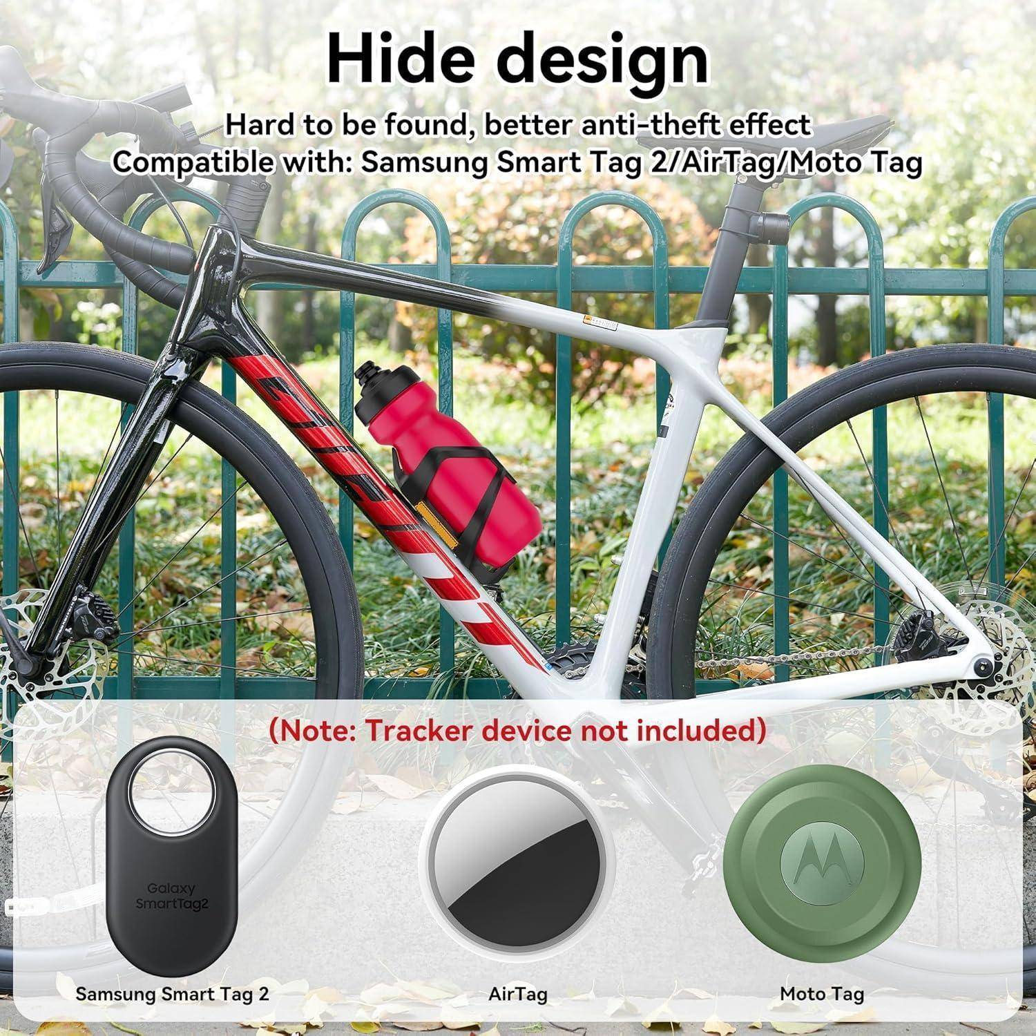 Fahrradrahmen mit versteckter Tracker-Halterung, die ein rotes Gerät hält; Text besagt „Hide Design