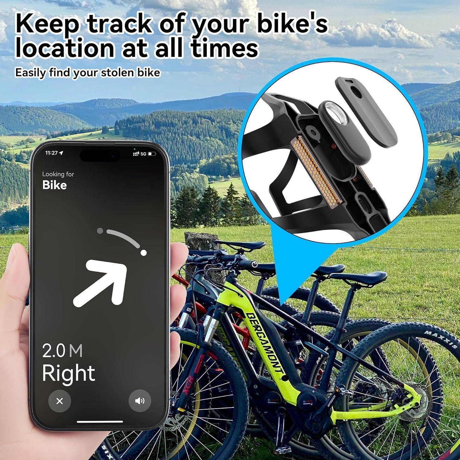 Fahrrad-Tracker-Anzeige, die ein Telefon zeigt, das ein gestohlenes Fahrrad lokalisiert, mit dem Text „Verfolgen Sie den Standort Ihres Fahrrads jederzeit