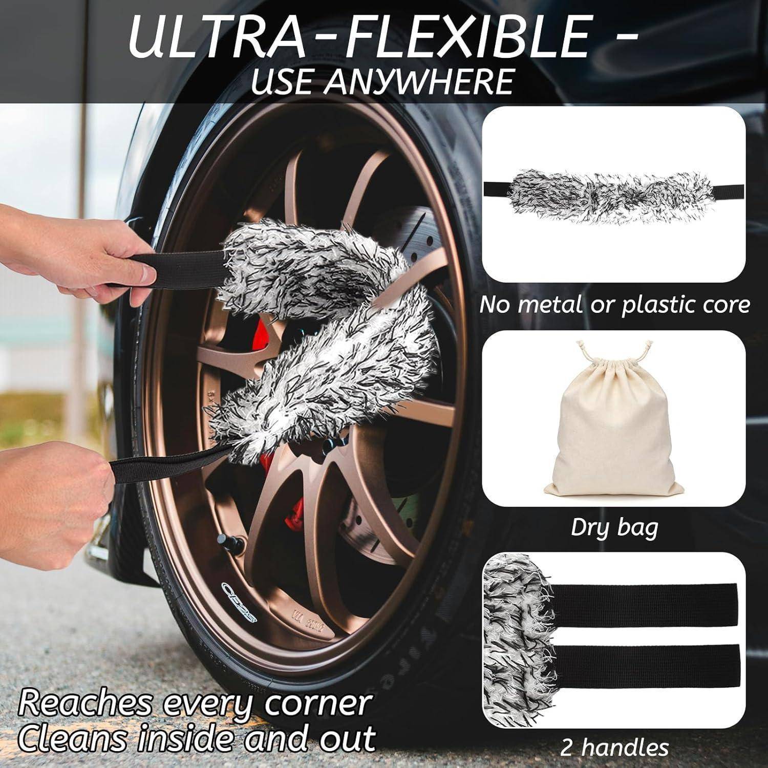 Werbebild eines flexiblen Felgenreinigungsbürste, die in ein Autorad greift, mit Hinweisen auf keinen Metall- oder Kunststoffkern, Trockentasche und zwei Griffe.
