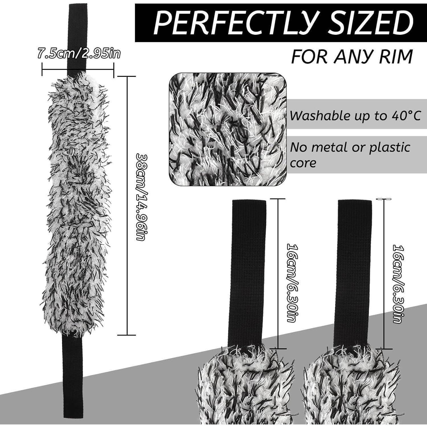 Produktgrafik mit einer Mikrofaser-Felgenbürste, „perfekt dimensioniert für jede Felge
