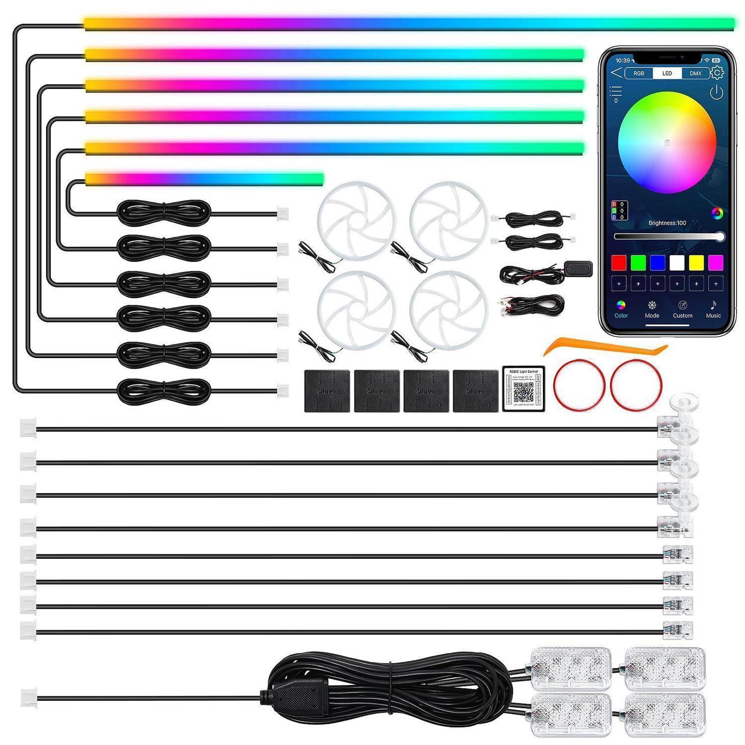 RGB-LED-Streifenlicht-Set mit Smartphone-Farbsteuerungs-App, mehreren Lichtstreifen, Verbindungsstücken, Netzteil und Montagezubehör.