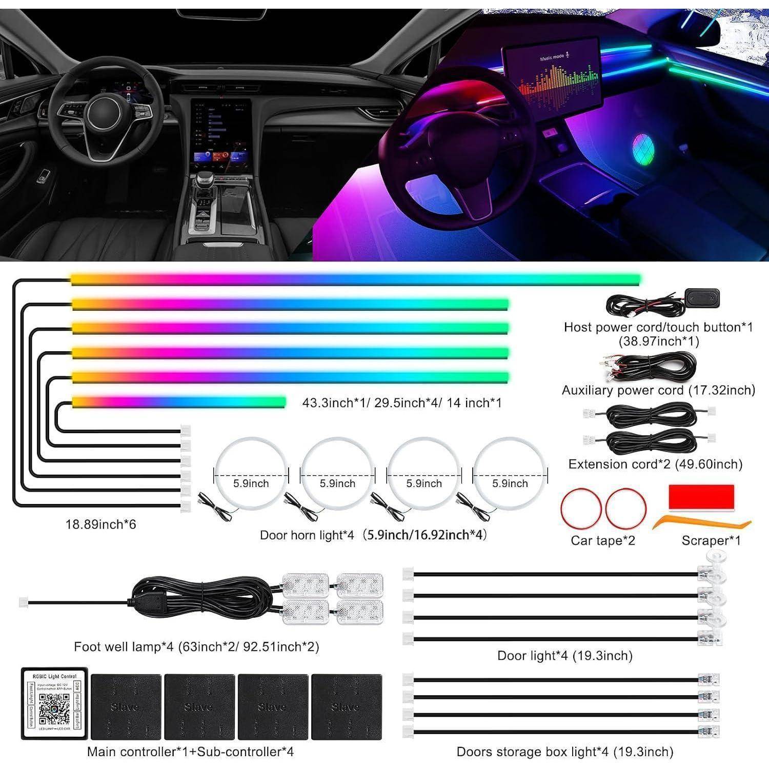 Fahrzeuginnenraumbeleuchtungsset, das in einem Auto und als Teilediagramm dargestellt ist, mit mehrfarbigen LED-Streifen, Steuergerät, Stromkabeln, Türleuchten und Fußraumleuchten.