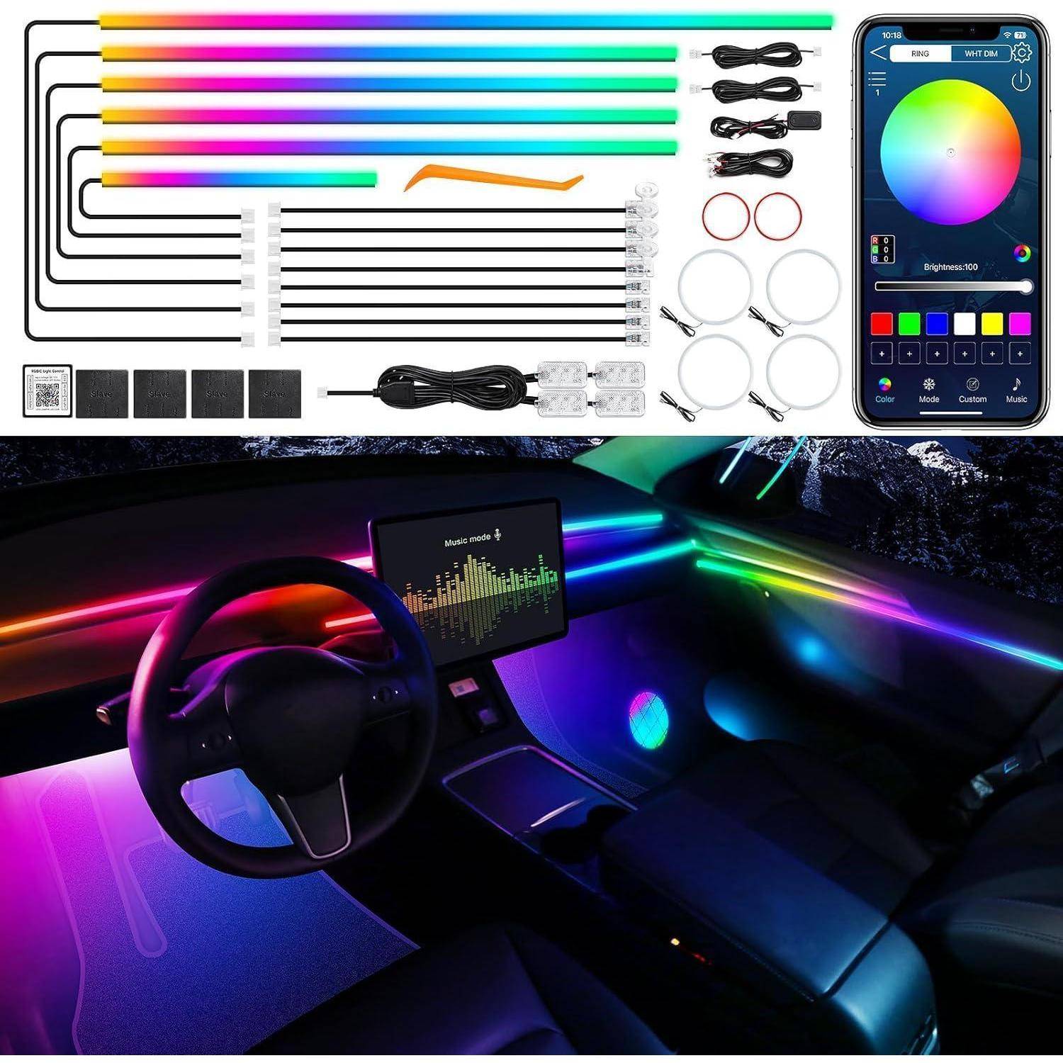 RGB-LED-Innenraumbeleuchtungsset für Autos mit Streifen, Steckverbindern, Fernbedienungspads und Smartphone-Farb-Kontroll-App, dargestellt installiert und leuchtend in einer Autokabine.