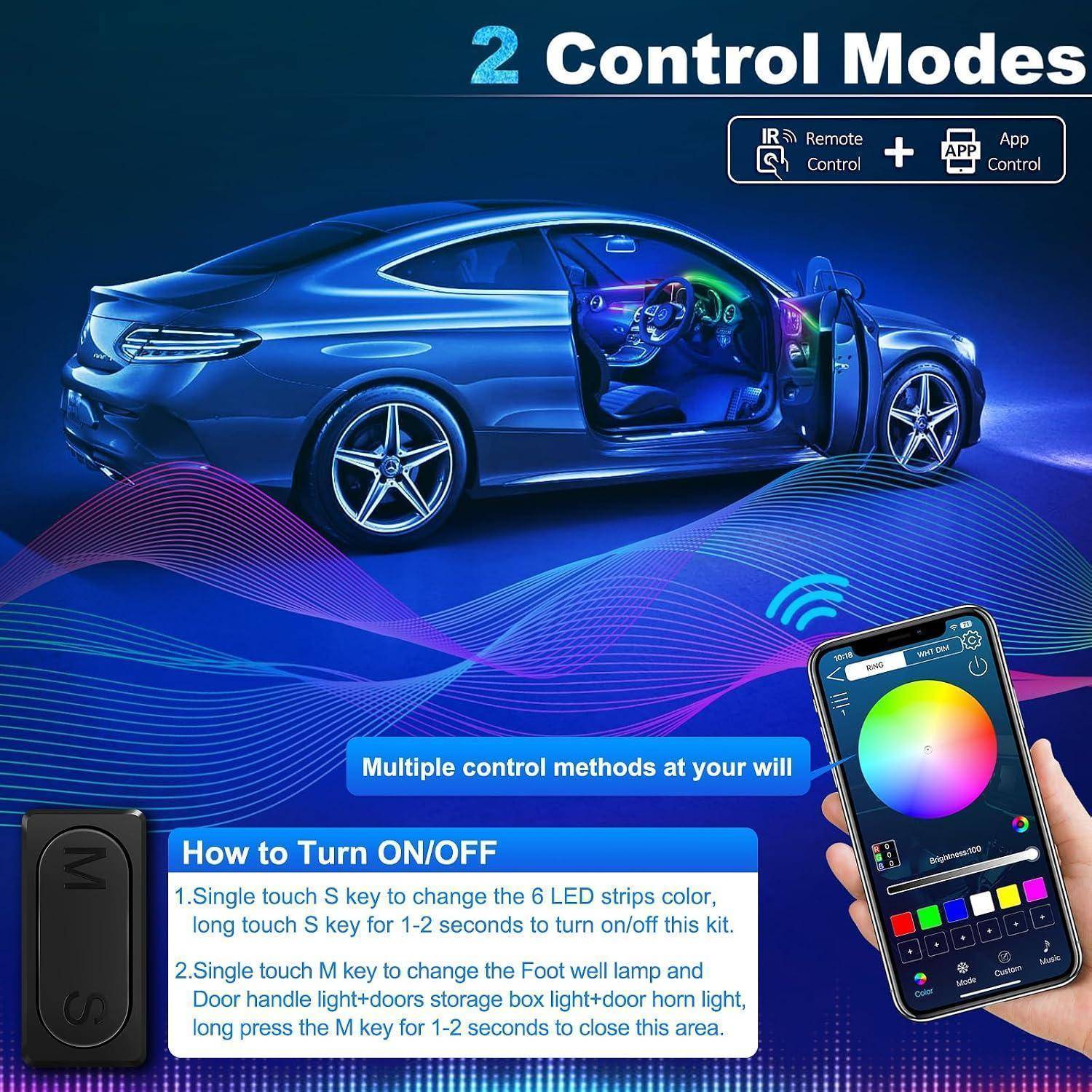 Intelligente Fahrzeugbeleuchtungssteuerung – Anzeige mit blauem Coupé mit App- und Fernsteuerungsoptionen sowie Anleitung zum Ein-/Ausschalten von 6 LED-Streifen.