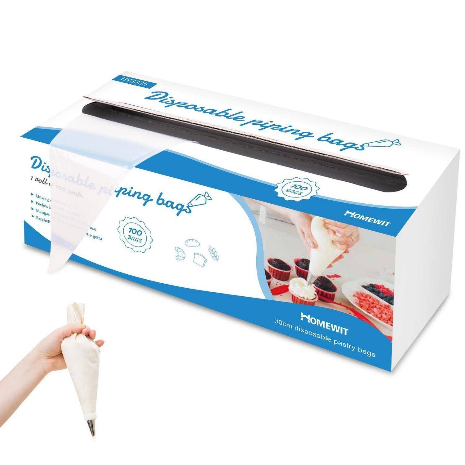 Packung Homewit-Einwegspritzbeutel mit einer Hand, die einen gefüllten Beutel hält, wird zum Verzieren von Kuchen und Gebäck verwendet.