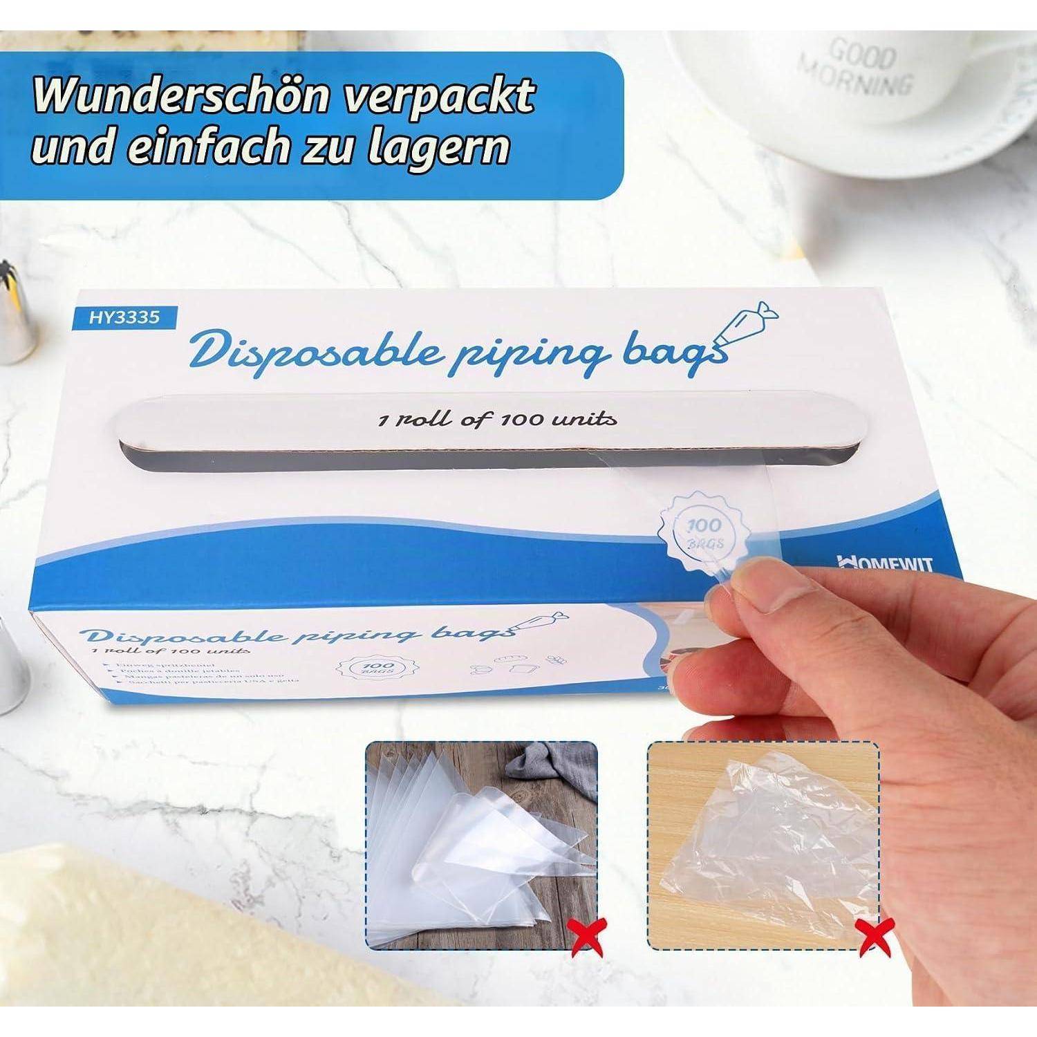 Karton mit Einweg-Spritzbeuteln mit der Aufschrift „Einweg-Spritzbeutel