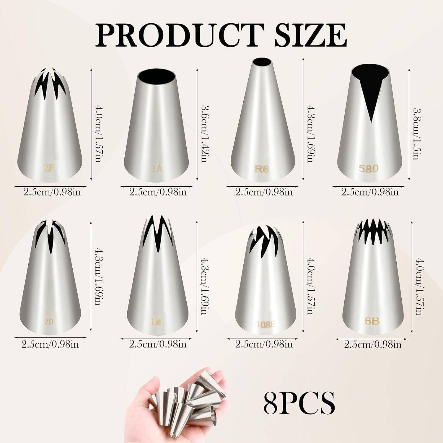Produktgrößentabelle mit acht Metallspritztüllen mit verschiedenen Öffnungsformen und Abmessungen, alle 2,5 cm breit, plus „8er-SET