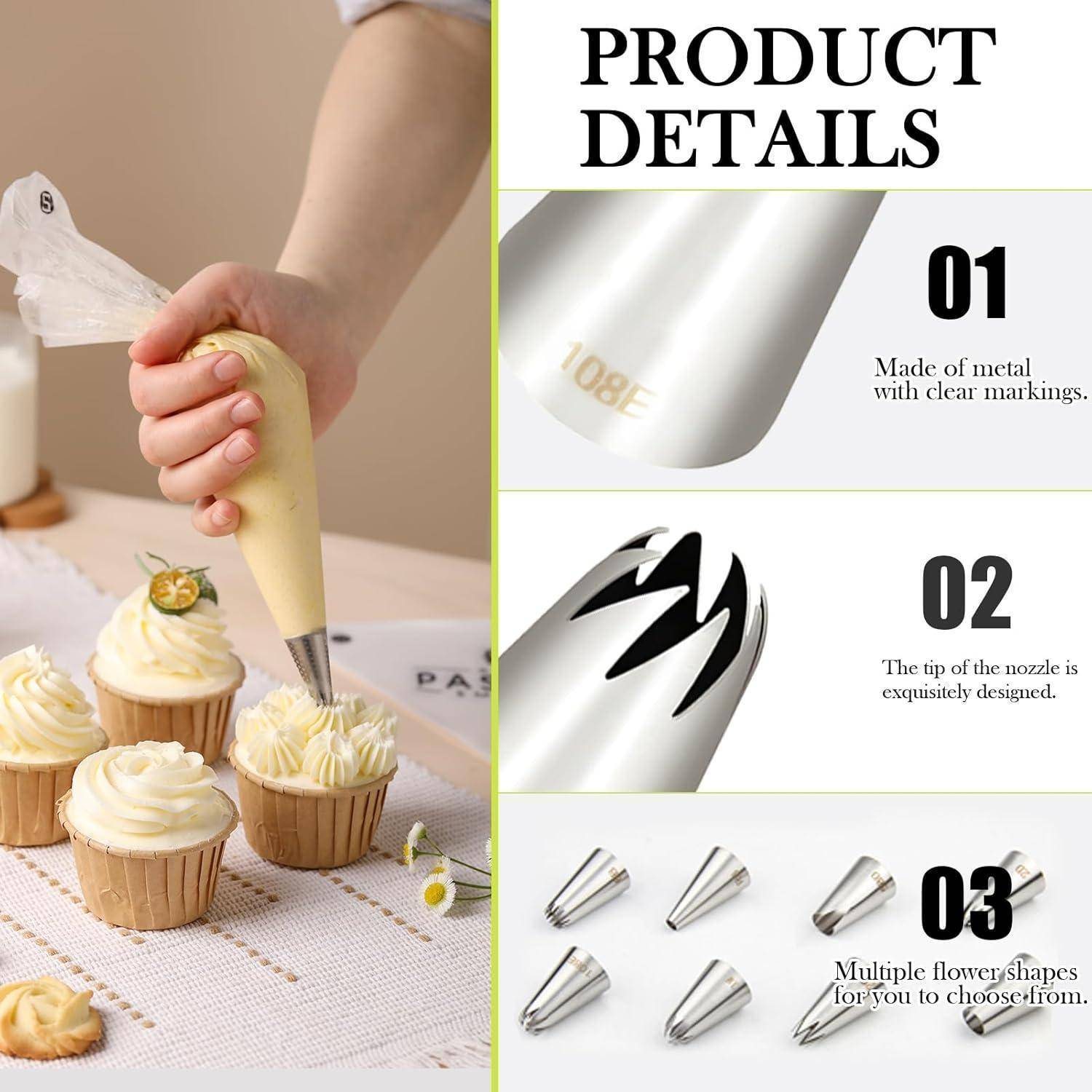 Illustration einer Spritzbeutel-Dekoration von Cupcakes, zusammen mit Produktdetails für Metallfroster-Düsen mit deutlichen Markierungen, einer skulptierten Spitze und mehreren Blütenform-Optionen.
