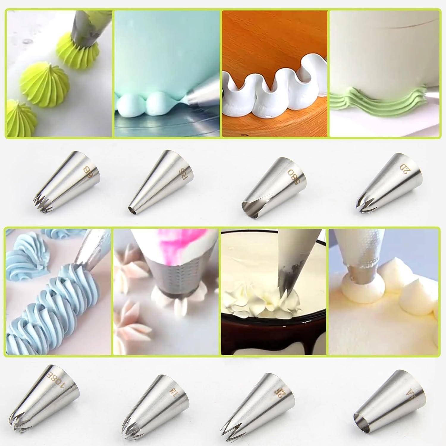 Collage von Metallrohrverzierungsspitzen und Beispielmustern für Zuckerguss, die verschiedene Düsen zum Spritzen dekorativer Wirbel, Muscheln und Rillen zeigen.