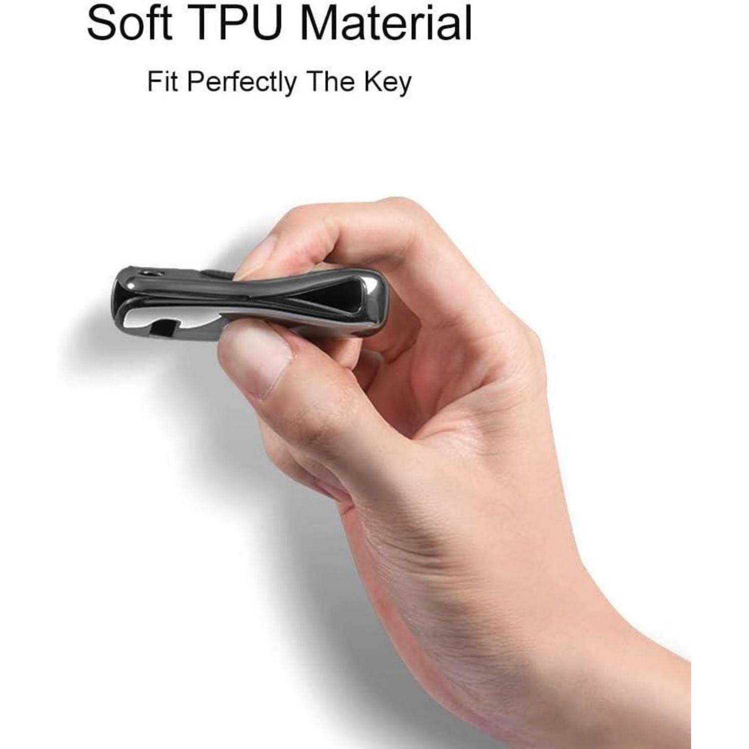 Hand, die eine schwarze weiche TPU-Schlüsselabdeckung hält; Text sagt „Weiches TPU-Material