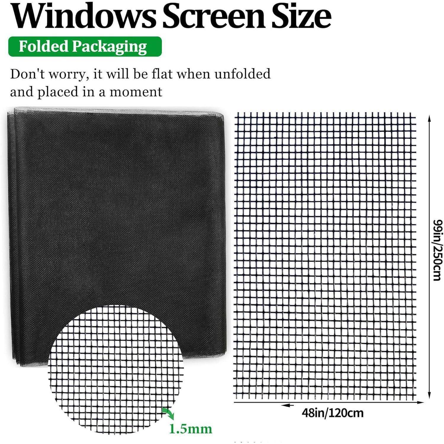 Verpackungseinsatz mit der Bezeichnung „Windows Screen Size" mit gefalteten Bildschirmmessungen 48 Zoll/120 cm x 99 Zoll/250 cm, mit 1,5 mm Maschenprobe.