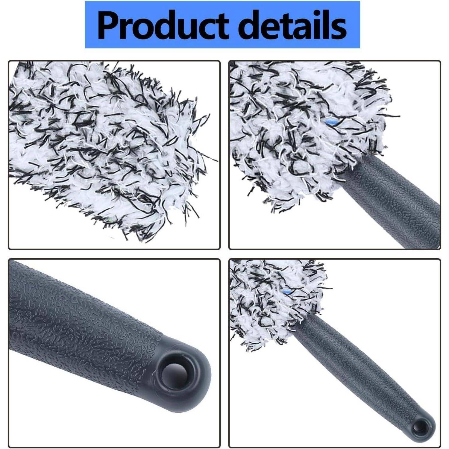Produktdetailbild mit einem grauen Mikrofaser-Staubwedel mit strukturiertem Griff und Aufhängeloch, plus Nahaufnahmen des flauschigen Reinigungskopfs.