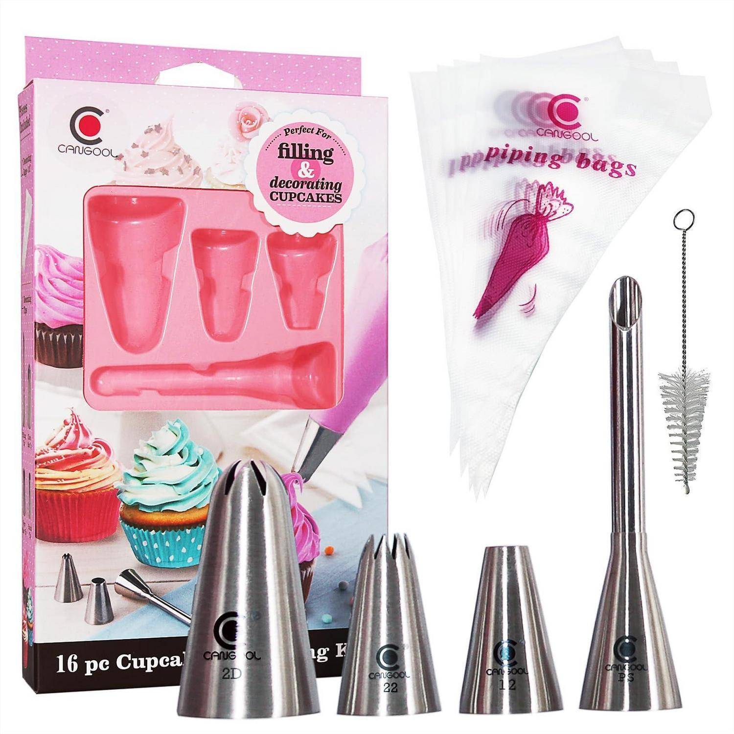 Sortiertes Cupcake-Dekorations-Set mit Spritzbeuteln, Metallspitzen und Kupplung, gezeigt in Produktverpackung zum Füllen und Glasieren von Cupcakes.