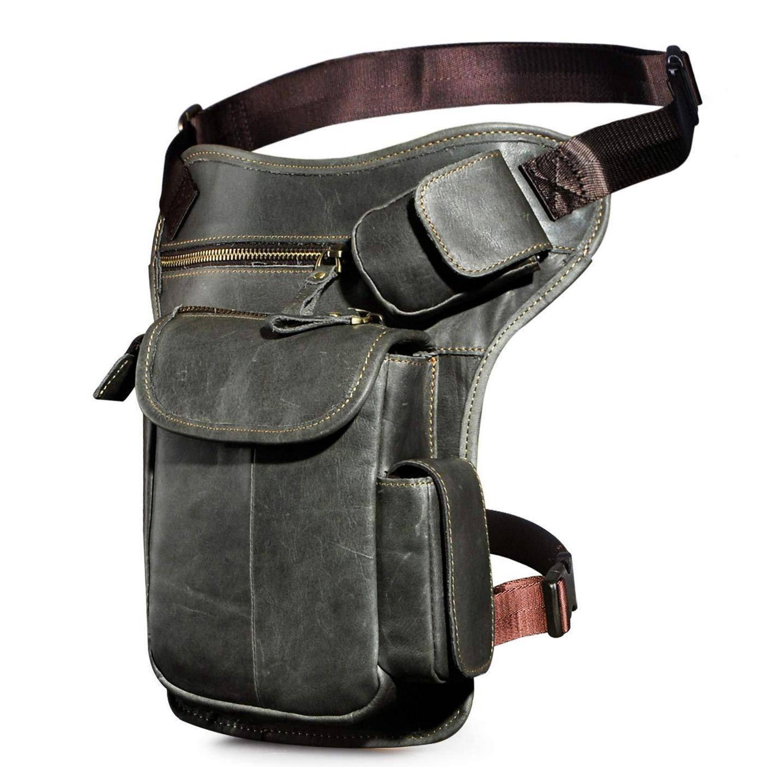 Dunkles Leder-Oberschenkelholster oder Utility-Beintasche mit verstellbaren Hüft- und Beingurten und mehreren Taschen.