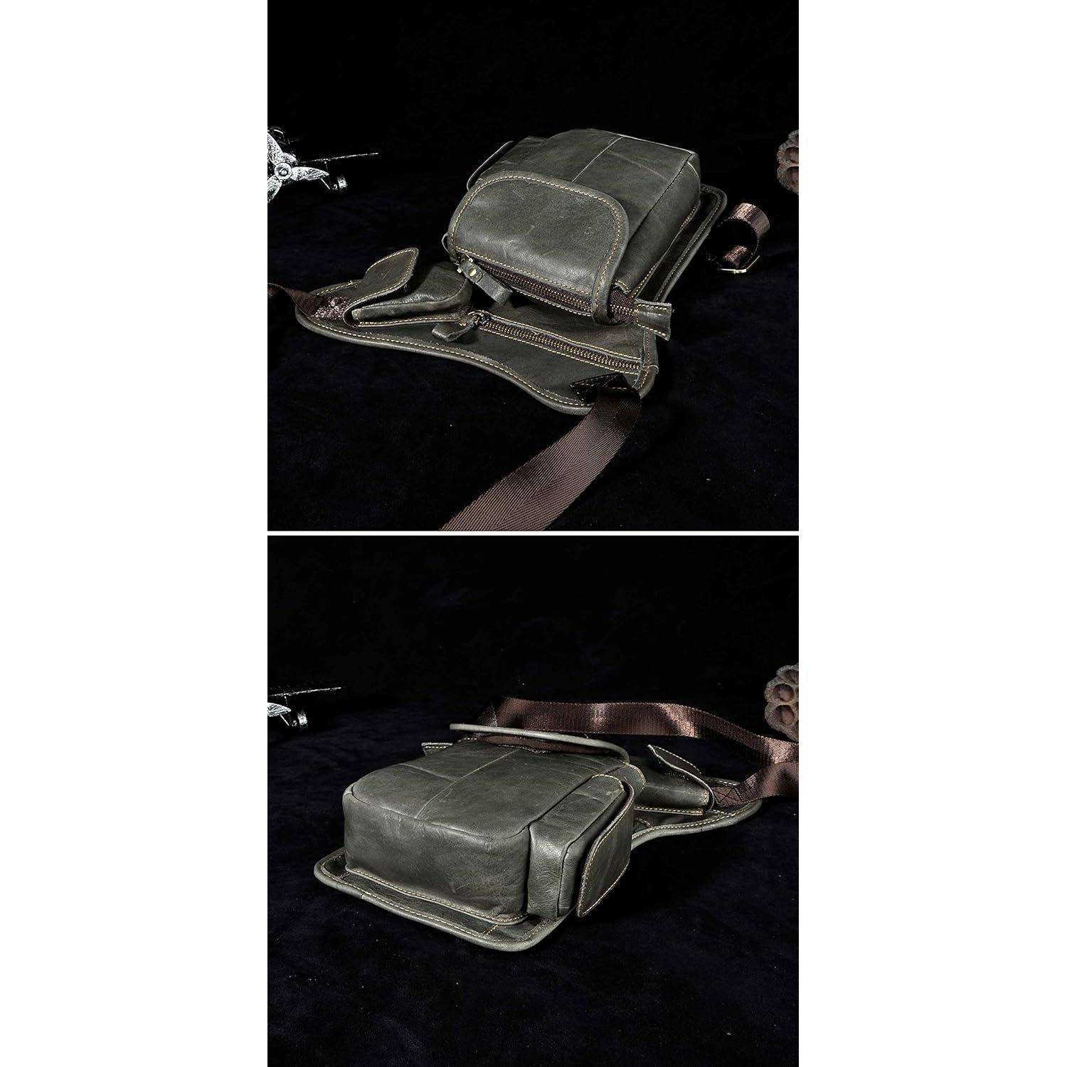 Zwei Ansichten einer kleinen dunklen Ledertasche zum Umhängen mit einer vorderen Tasche und Schultergurt, gezeigt vor schwarzem Hintergrund.