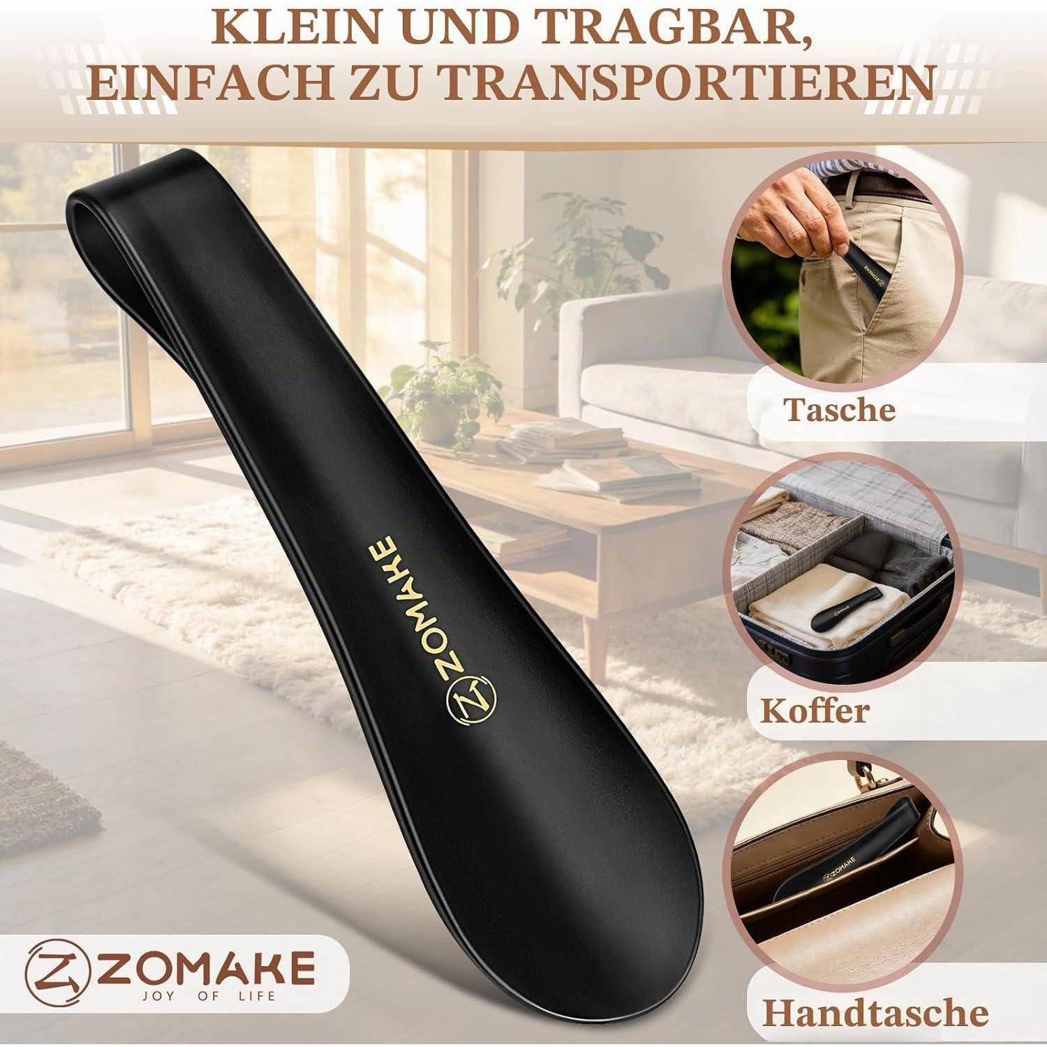 Schwarze ZOMAKE Snowboard-Tasche, dargestellt als klein und tragbar, mit Einfügungsfotos zum Tragen als Tasche, Koffer oder Handtasche; Deutscher Text besagt „klein und leicht zu transportieren