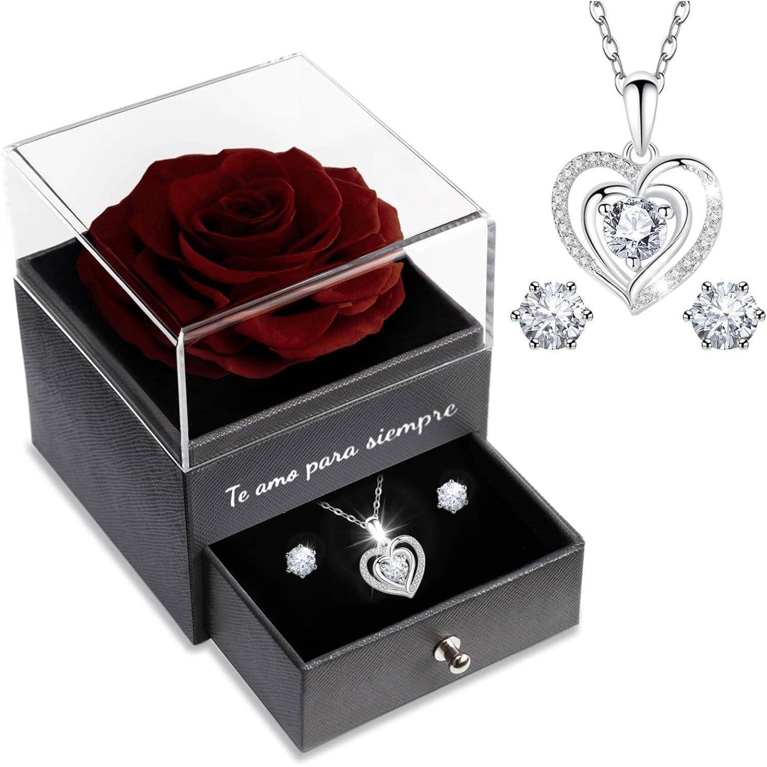 Schmuck-Geschenkset mit einer roten Rose in einer klaren Schachtel, Herz-Anhänger-Halskette, Stud-Ohrringe und einer Schublade graviert mit 