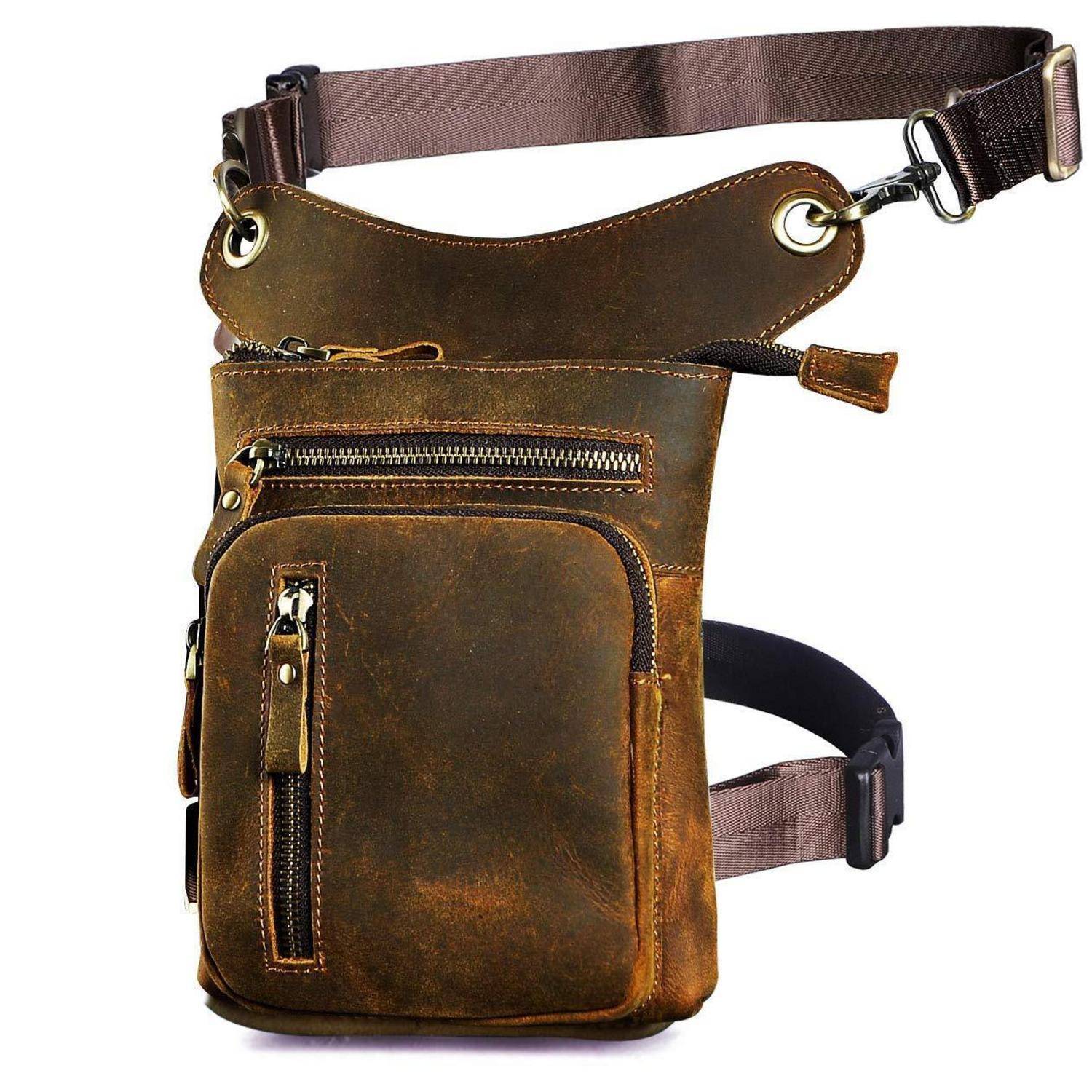 Braune Ledertasche für die Taille mit verstellbaren Riemen und mehreren Reißverschlusstaschen, shown on a white background.