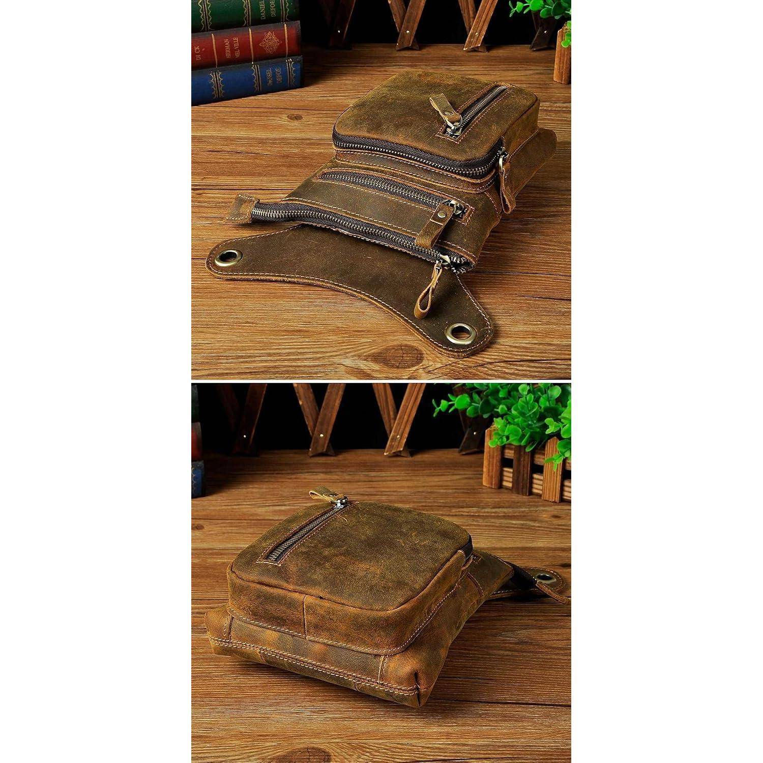 Braune Ledertasche mit Reißverschluss, von vorne und hinten auf einer Holzoberfläche dargestellt, mit Messingösen und einem gefalteten Riemen.