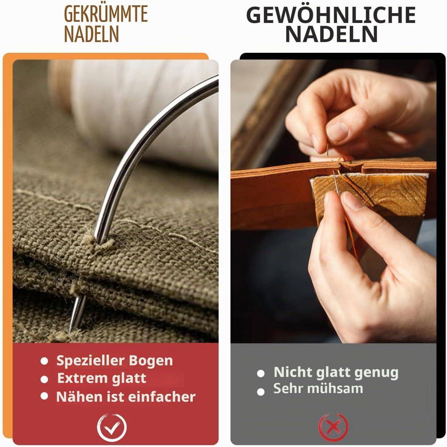 Nebeneinander-Vergleich von gekrümmten Nadeln gegenüber gewöhnlichen Nadeln: Gekrümmte Nadel wird beim Nähen von Stoff mit den Angaben „Spezielle Kurve