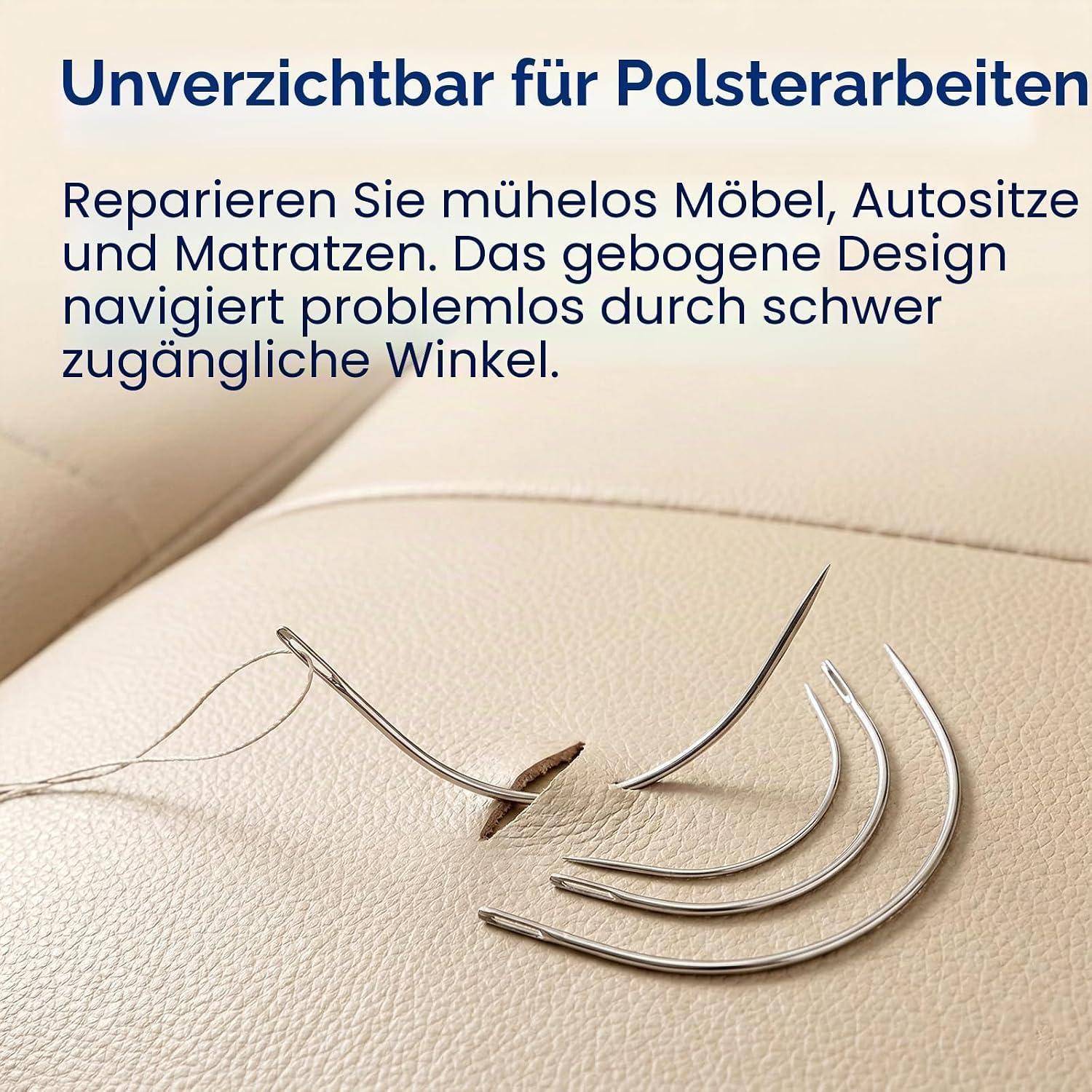 Werbung für gekrümmte Polsternähnadeln auf Leder: Der Text besagt, dass sie unverzichtbar für Polsterarbeiten sind und Möbel, Autositze und Matratzen leicht reparieren können.