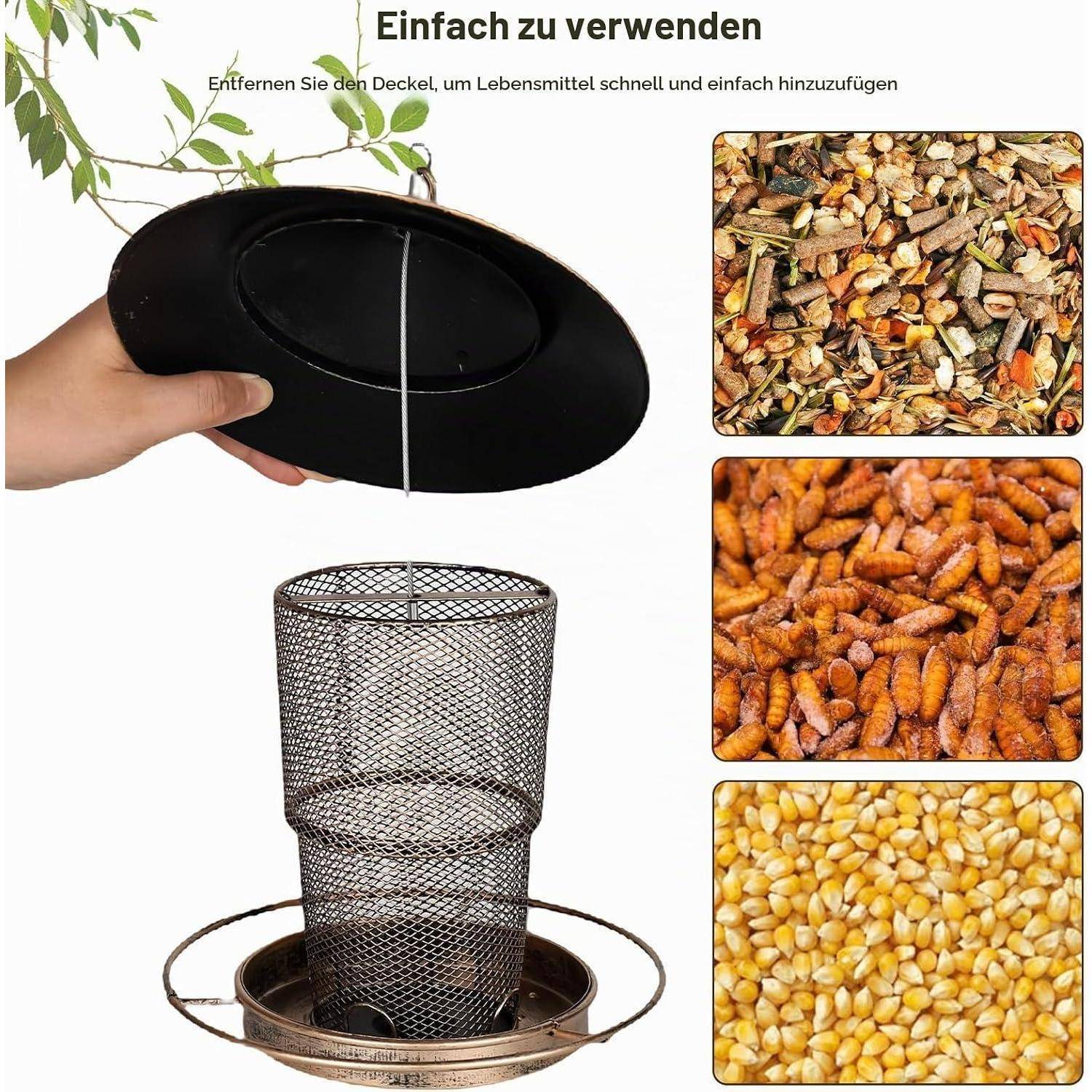 Produktförderung mit einem Maschenvogelhaus mit abnehmbarem schwarzen Deckel zum Hinzufügen von Futter, plus Nahaufnahmen von gemischten Samen, Mehlwürmern und Maiskörnern.