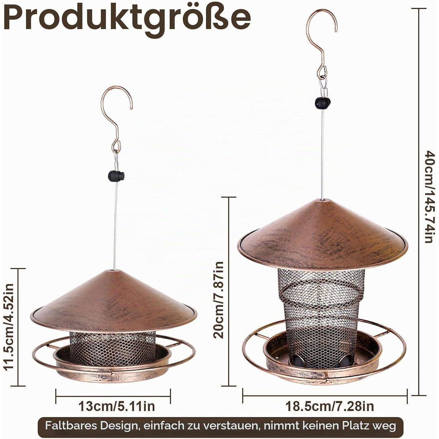 Größendiagramm eines Produkts, das ein zusammenklappbares hängendes Vogelfutterhaus zeigt mit den Abmessungen: 13 cm Breite, 11,5 cm Höhe zusammengeklappt, 20 cm Futterhauшhöhe, 40 cm Gesamtlänge.