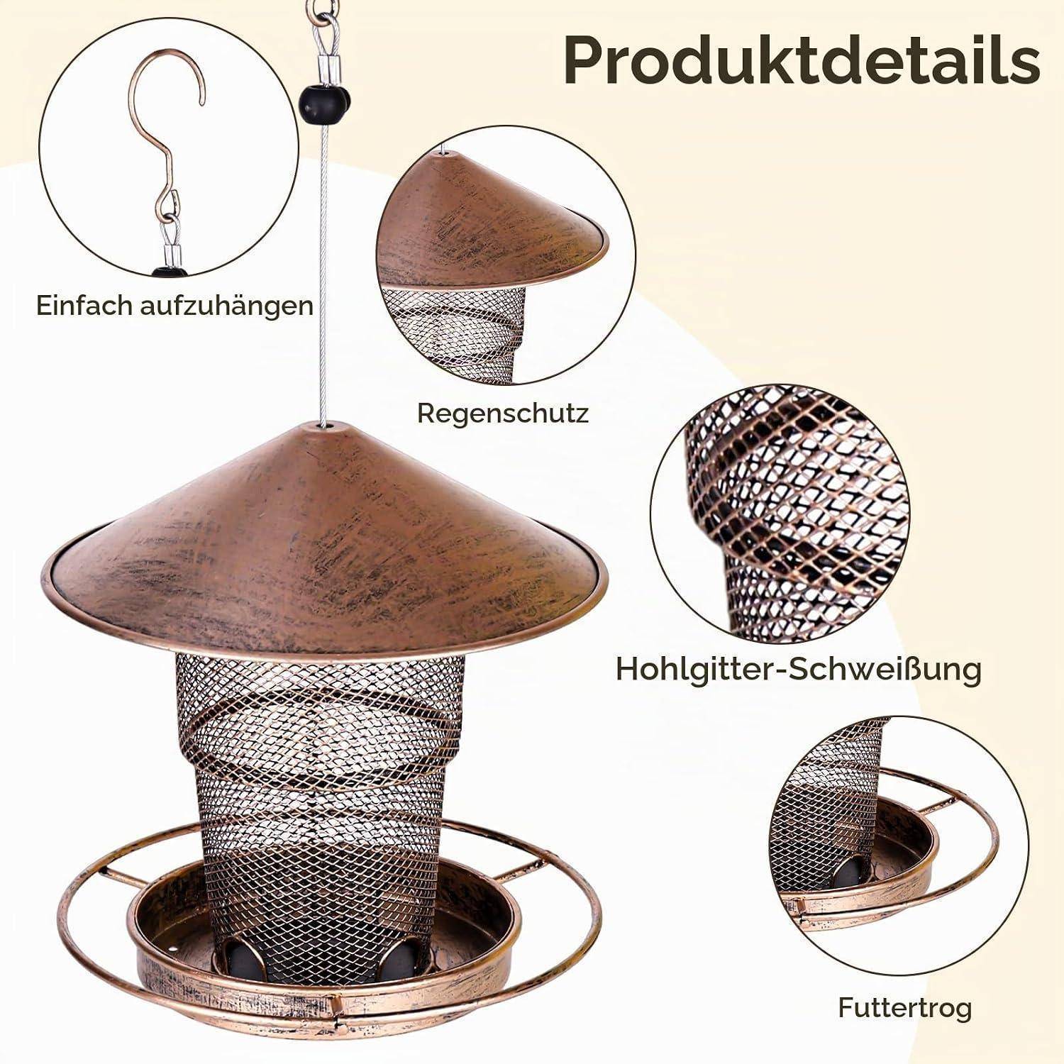 # Produktdetails eines hängenden Vogelfutterautomaten mit Regendach, Netzbehälter, Samenschale und Haken; deutsche Beschriftungen heben einfaches Aufhängen, Regenschutz und geschweißtes Netz hervor.