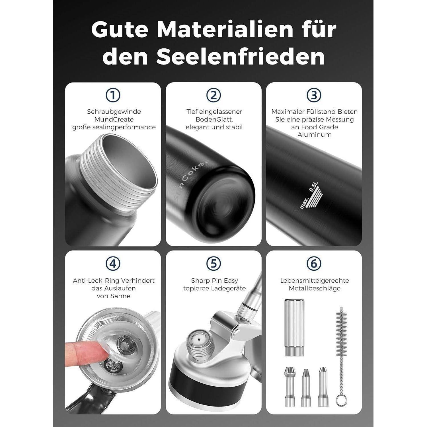 Deutsches Produktgrafik zeigt 6 Merkmale einer Getränkeflasche: Verschraubter Mund, flacher Boden, Präzisionskörper, Anti-Leck-Ring, scharfer Stiftdeckel und lebensmittelechte Metallzubehörteile.