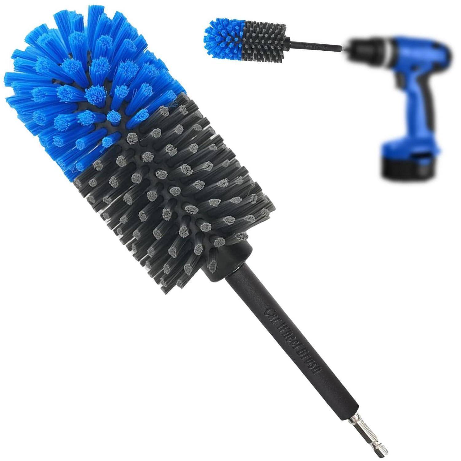 Blaue und schwarze Bohrerbürsten-Aufsätze zum Reinigen von Oberflächen, gezeigt mit einem Bohrer und Nahaufnahme des Bürstenkopfes.