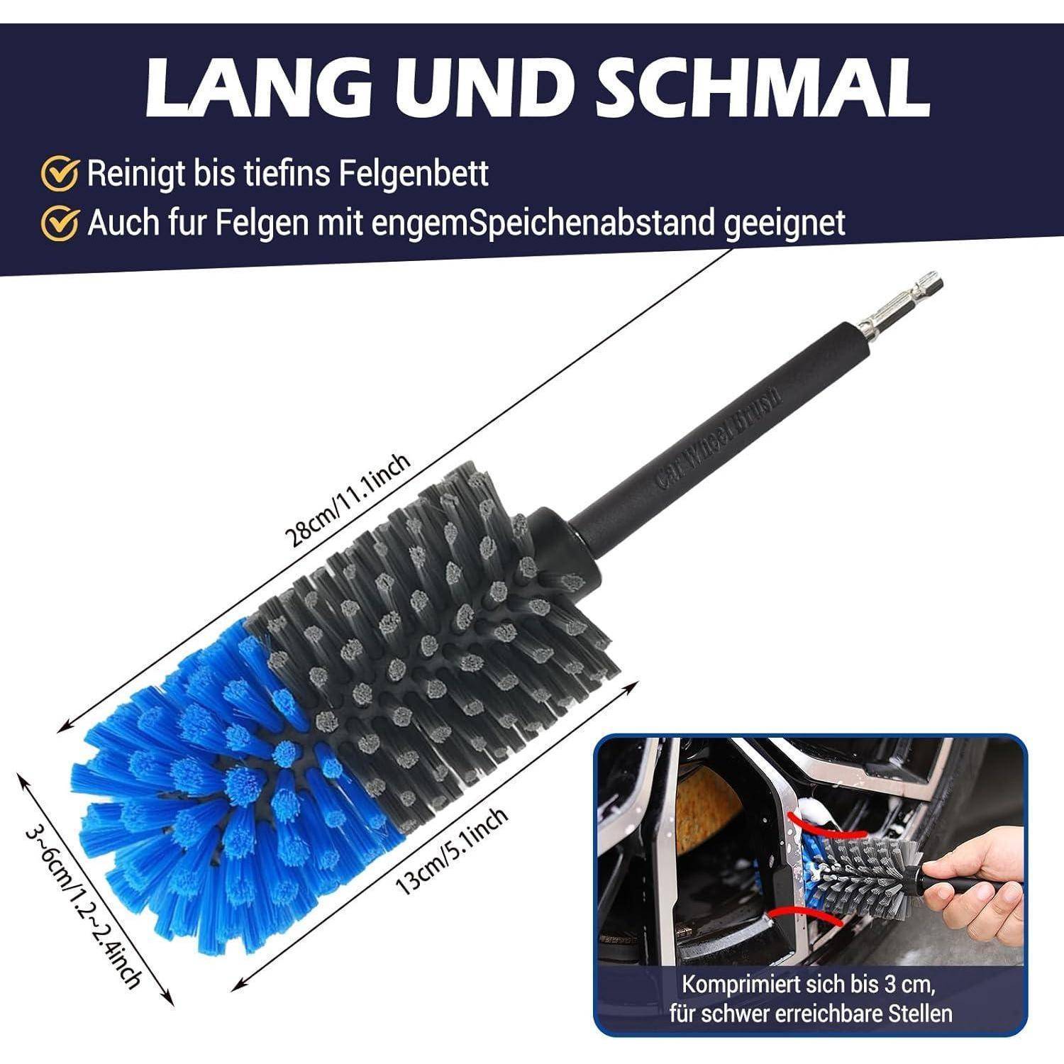 Felgenbürste für Akkuschrauber, 11" lang, 6cm Durchmesser, blau/grau
