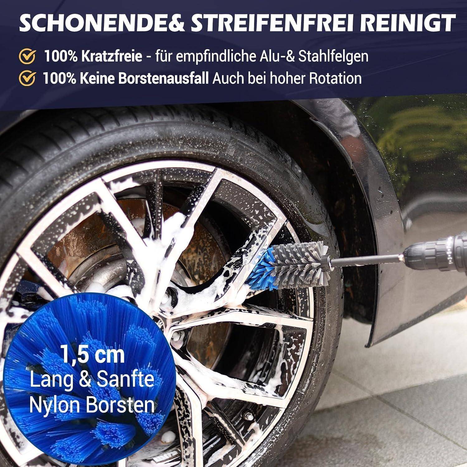 Bohrmaschinen-Bürste reinigt eine Fahrzeugfelge mit Seifenschaum; Text bewirbt kratzerfreie, borstenfreie Reinigung für Leicht- und Stahlfelgen.