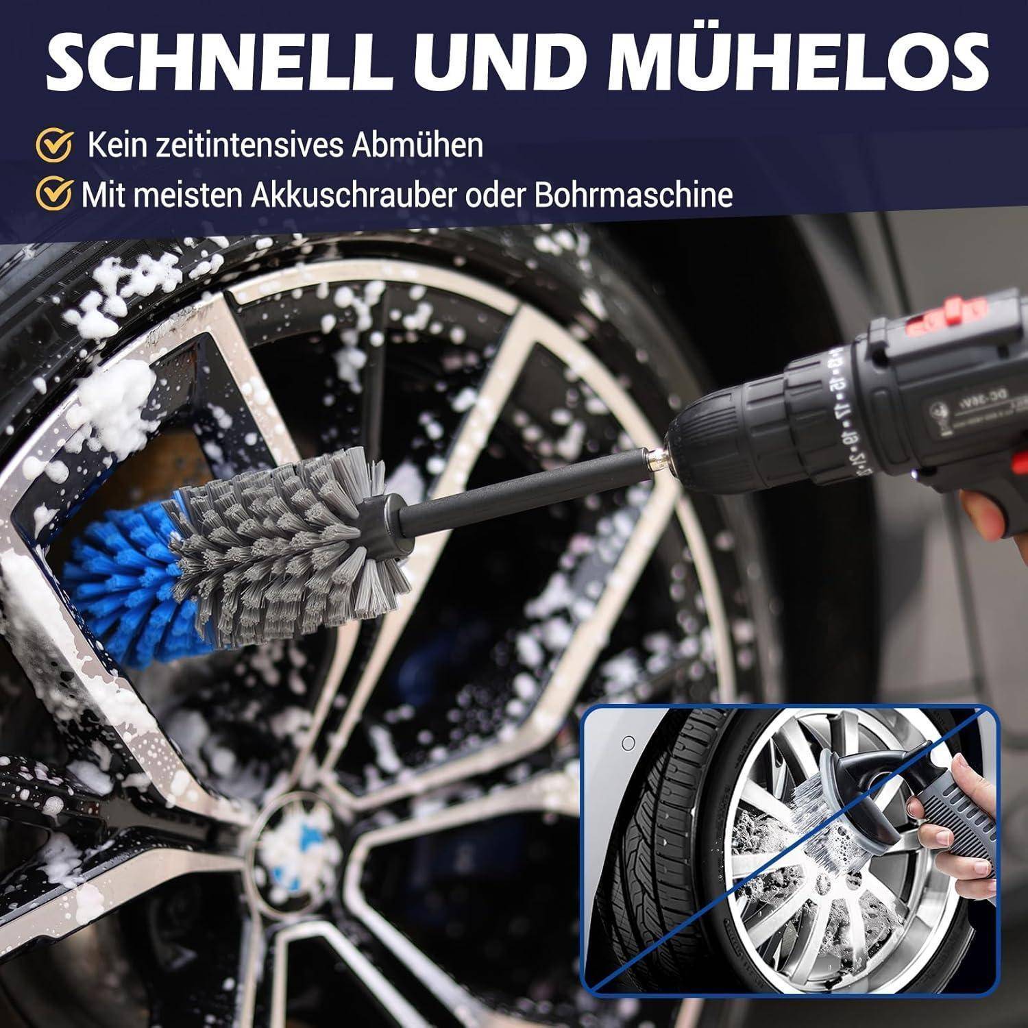 # Anzeige für eine Felgen-Reinigungsbürste zum Aufstecken auf einen Akku-Bohrer oder Akkuschrauber mit schmutziger Felge, die geschrubbt wird, und einem Vorher-Nachher-Inset.