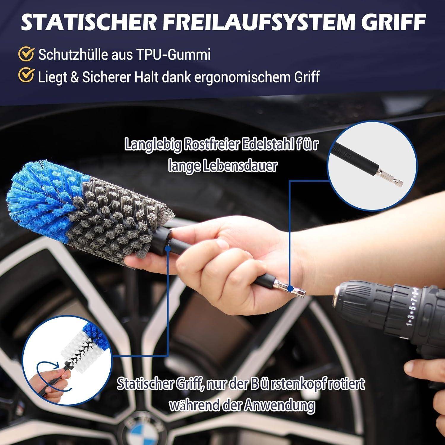 Tragbares Autowaschmittel mit TPU-Gummimanschette und Edelstahlkern, hervorgehobener rutschfester ergonomischer Griff und rotierender Bürstenkopf.
