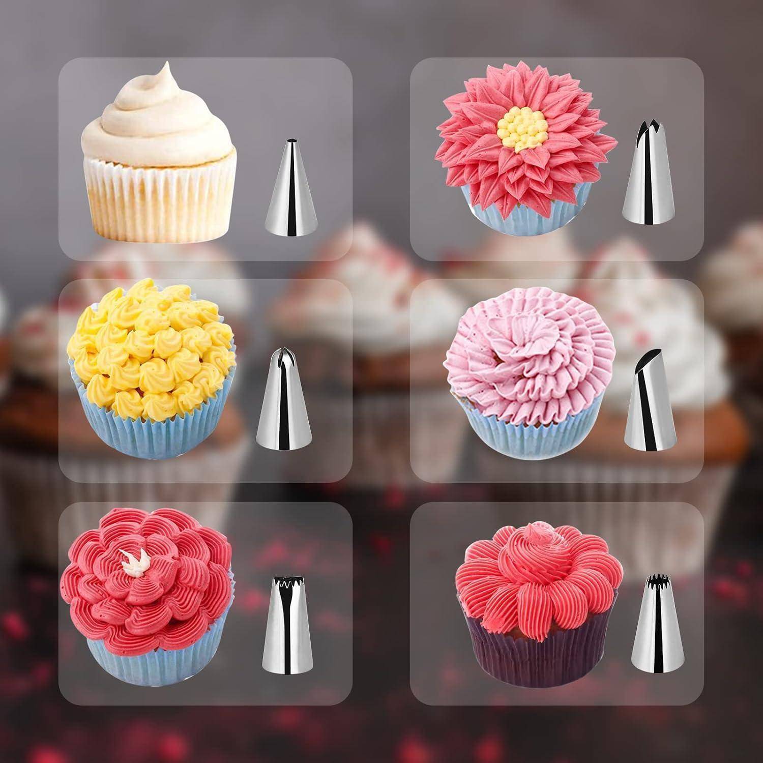 Raster von sechs glasierten Cupcakes mit unterschiedlichen Spritztechniken, jeweils mit einer Metalldekorationstülle zum Vergleich dargestellt.