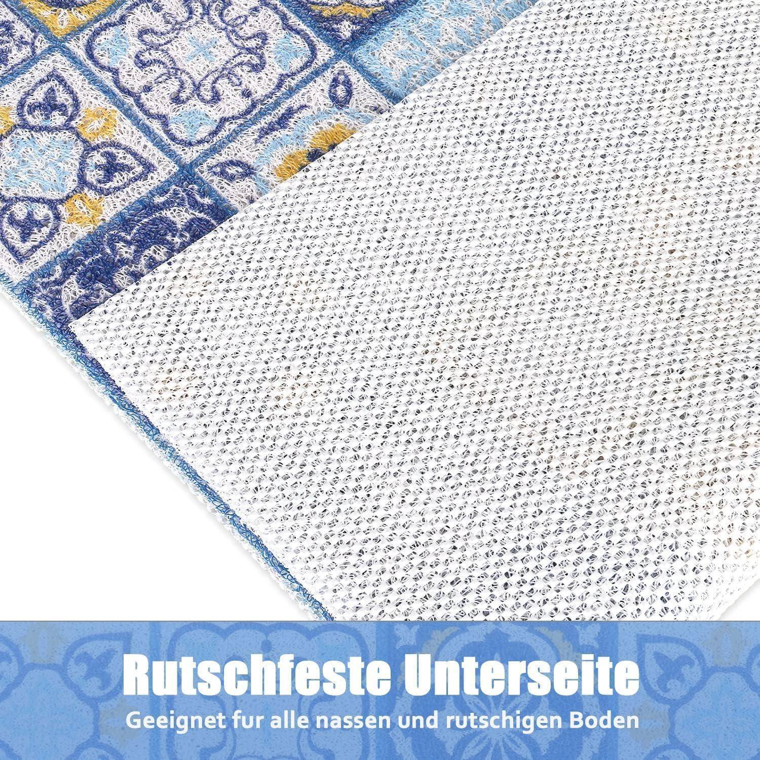 Nahaufnahme einer Teppichecke mit gemusterter Oberseite und rutschfestem Untergrund, mit deutschem Text „Rutschfeste Unterseite