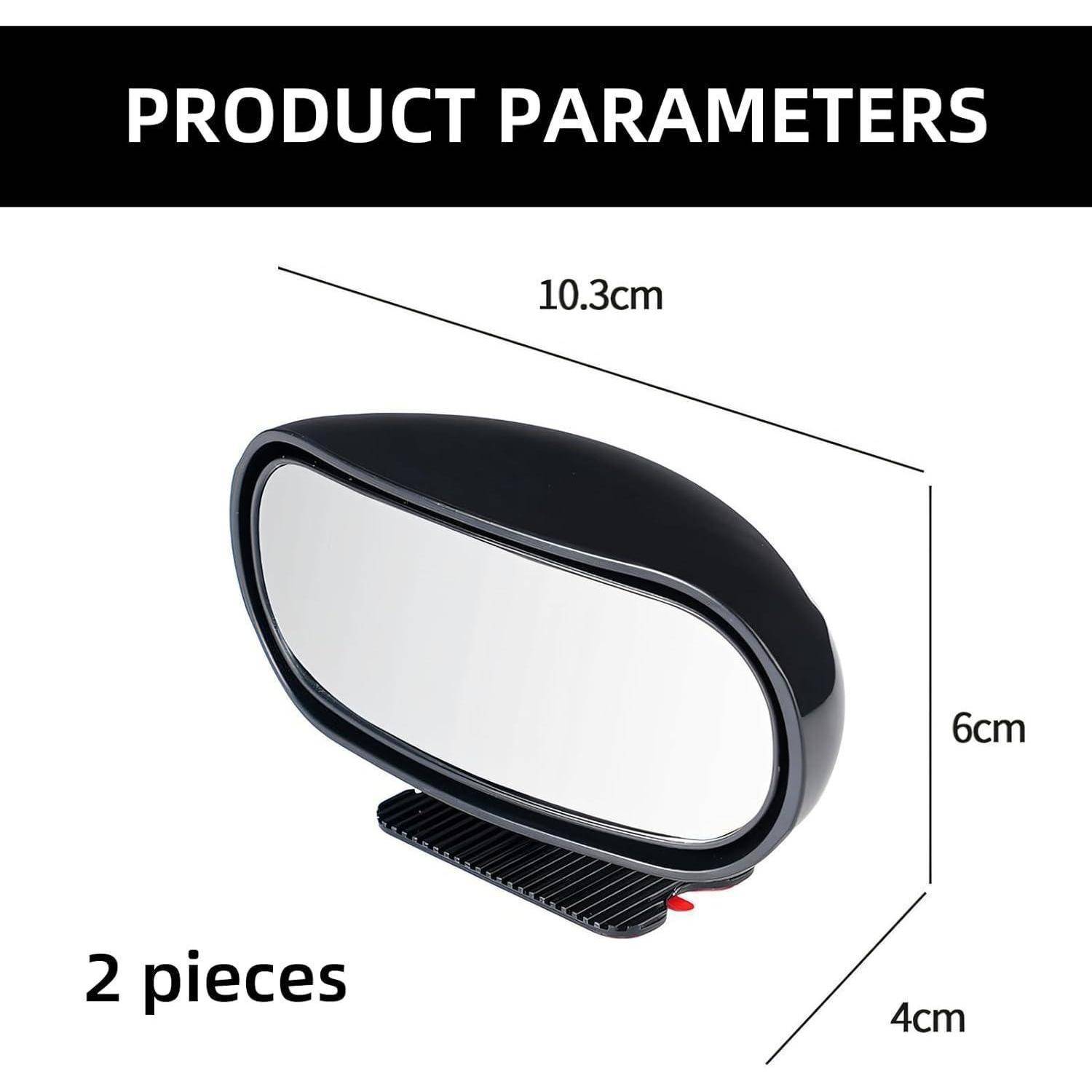 Produktparameter-Diagramm mit einem schwarzen ovalen Spiegel, beschriftet mit 10,3 cm Breite, 6 cm Höhe, 4 cm Tiefe, verkauft als 2er-Set.