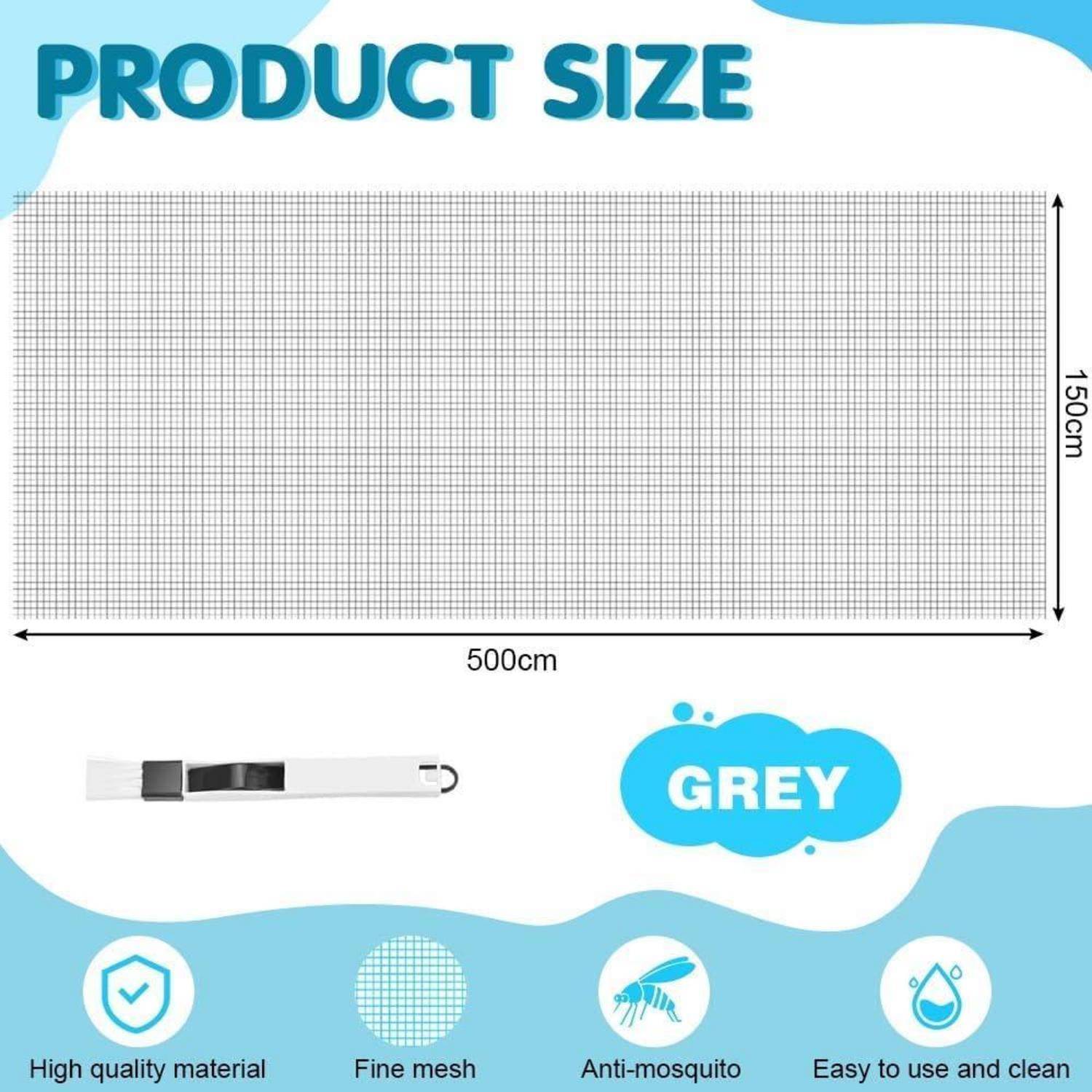 Produktgrößen-Grafik mit einem 500 cm x 150 cm großen grauen Fliegengitter mit feinem Gewebe und Riemen, sowie Symbole für hohe Qualität, einfache Reinigung und Gewebebeschaffenheit.
