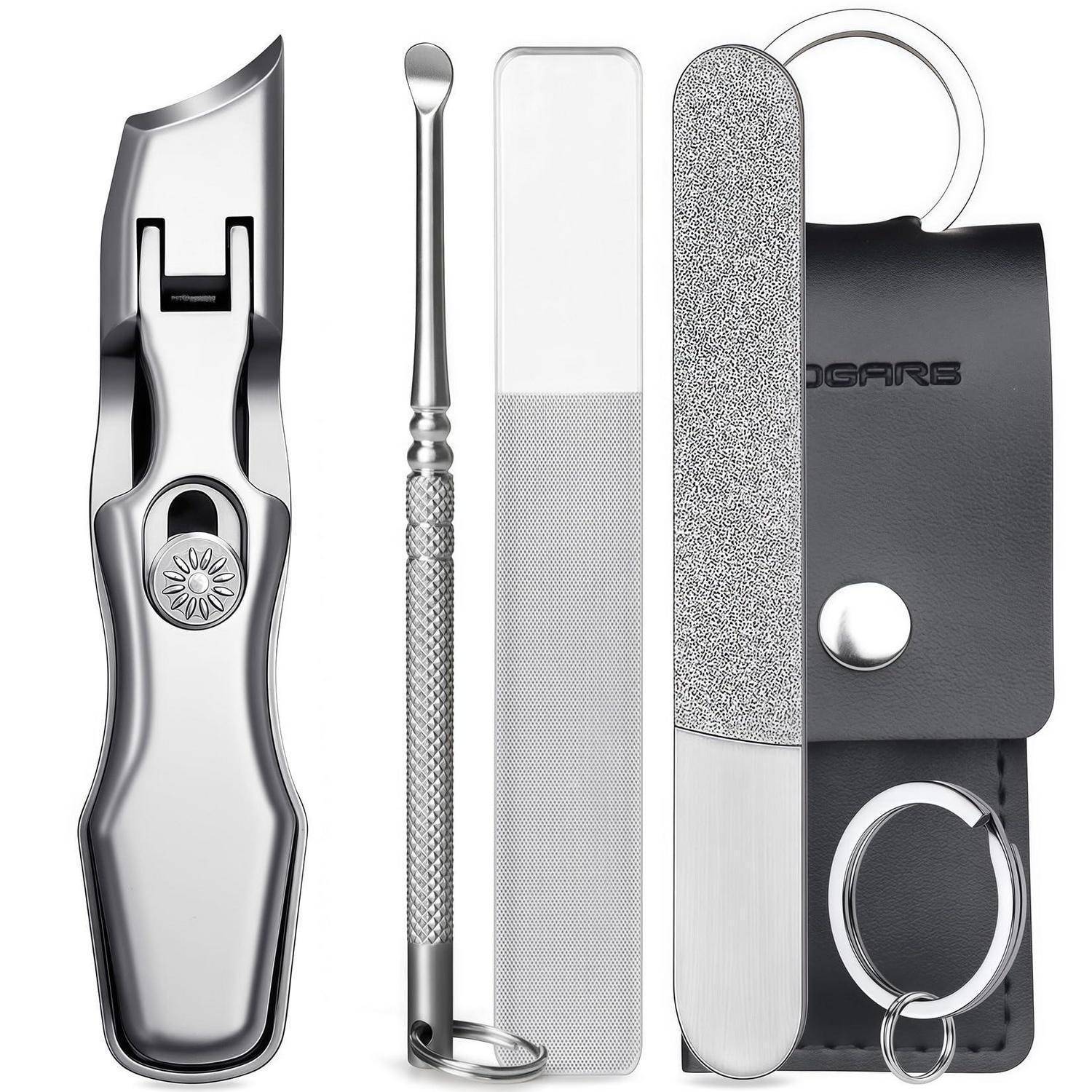 Maniküre-Set mit Nagelknipser, Nagelhautentferner, Nagelfeile und Ledertasche, gezeigt auf weißem Hintergrund.