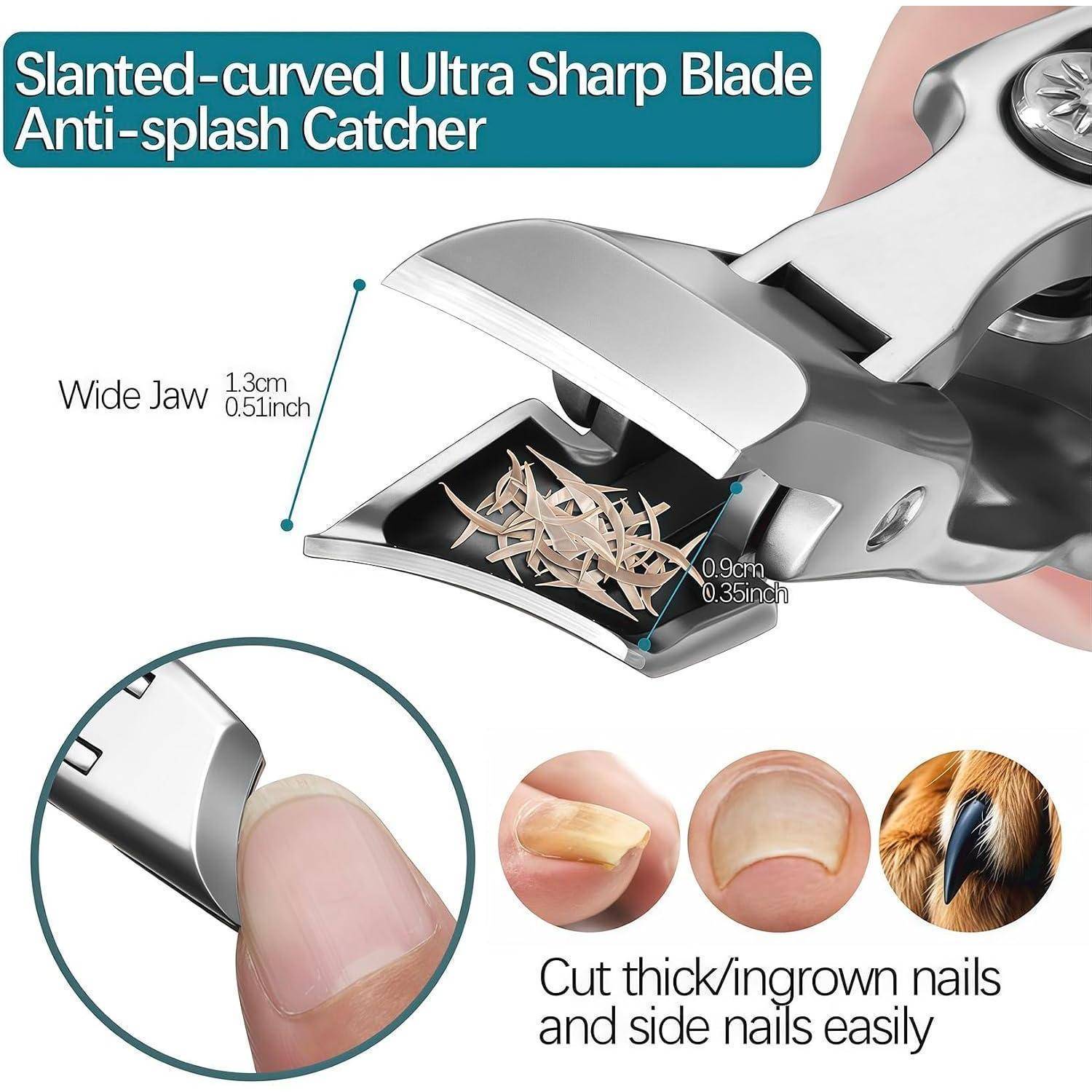 Produktgrafik von Nagelknipsern mit „schräg gebogener ultrascharf geschliffener Klinge
