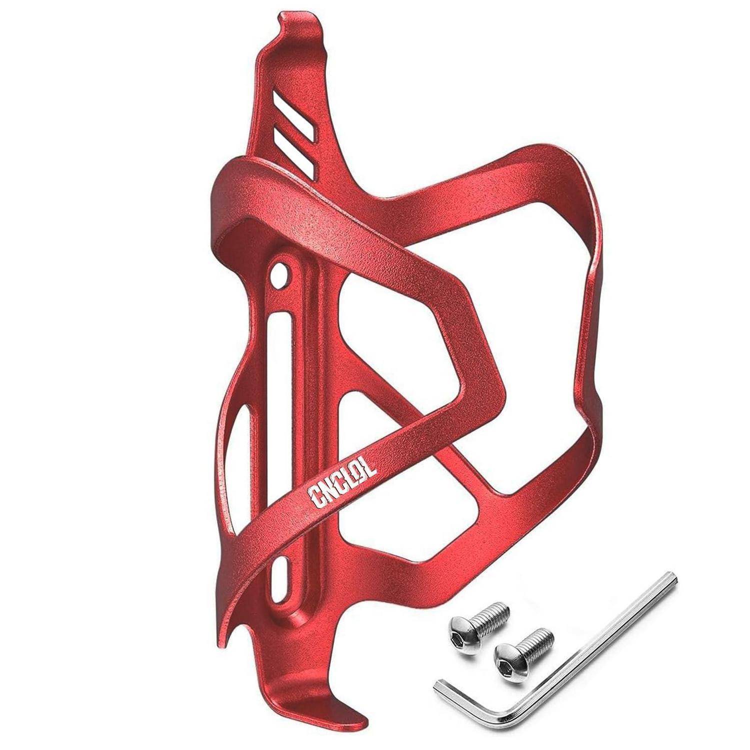 Roter Aluminium-Fahrradwasserflaschenkäfig mit zwei Befestigungsschrauben und einem Inbusschlüssel auf weißem Hintergrund.