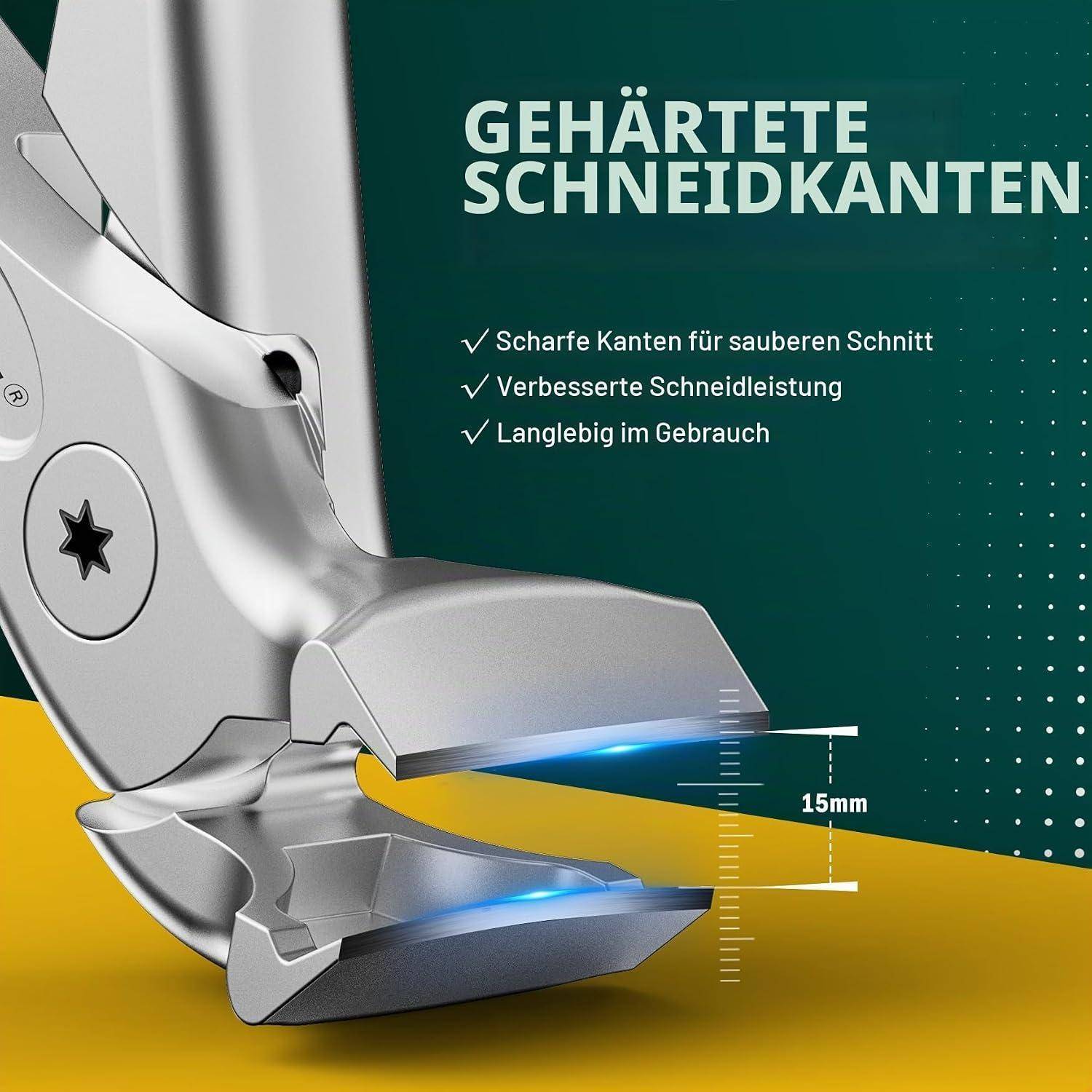 Nahaufnahme eines Metallschneidwerkzeugs mit hervorgehobenen gehärteten Schneidkanten; deutscher Text besagt „GEHÄRTETE SCHNEIDKANTEN" und listet scharfe, langlebige Schnitte auf, 15 mm Detail.