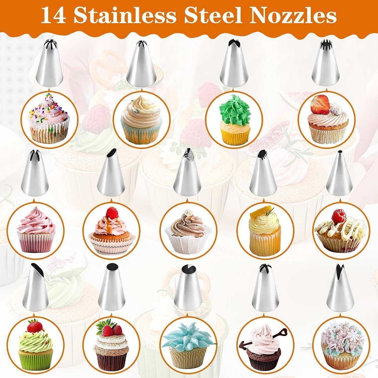 Infografik mit 14 Edelstahlrohr-Düsen und den Cupcake-Zuckerguss-Mustern, die jede erzeugt, mit nummeriertem Titel oben.