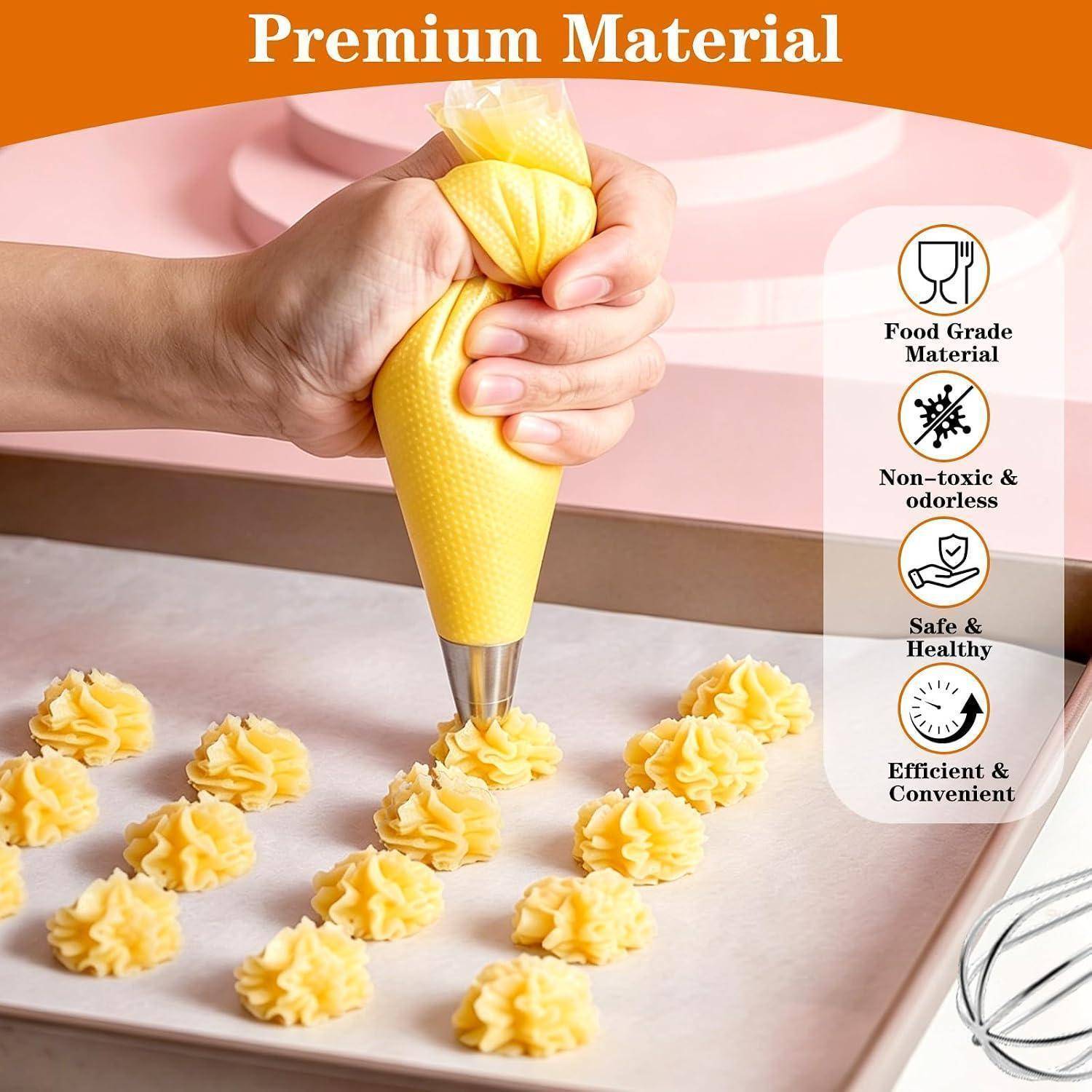 Mit einem Spritzbeutel gelben Mürbeteig auf ein Backblech spritzen; die Anzeige hebt „Premium-Material
