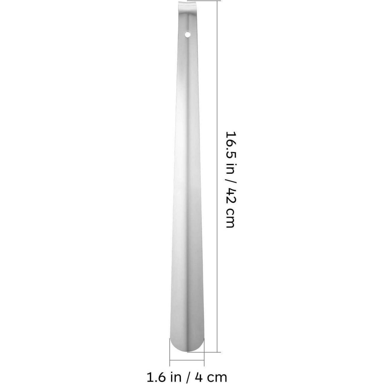 Edelstahlutensilihenkel vertikal angezeigt mit Aufhängeloch; Abmessungen gekennzeichnet 16,5 Zoll / 42 cm lang und 1,6 Zoll / 4 cm breit.