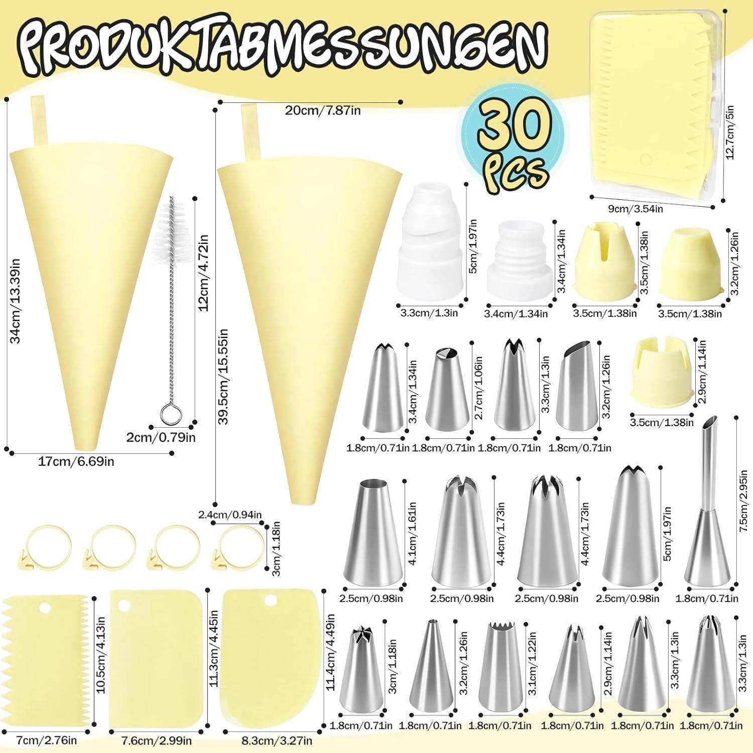 Größentabelle für ein 30er-teiliges Gebäck-Spritzbeutel-Set mit großem gelbem Spritzbeutel, Kupplungen, Düsen, Ringen und einer Aufbewahrungstasche mit gekennzeichneten Abmessungen.