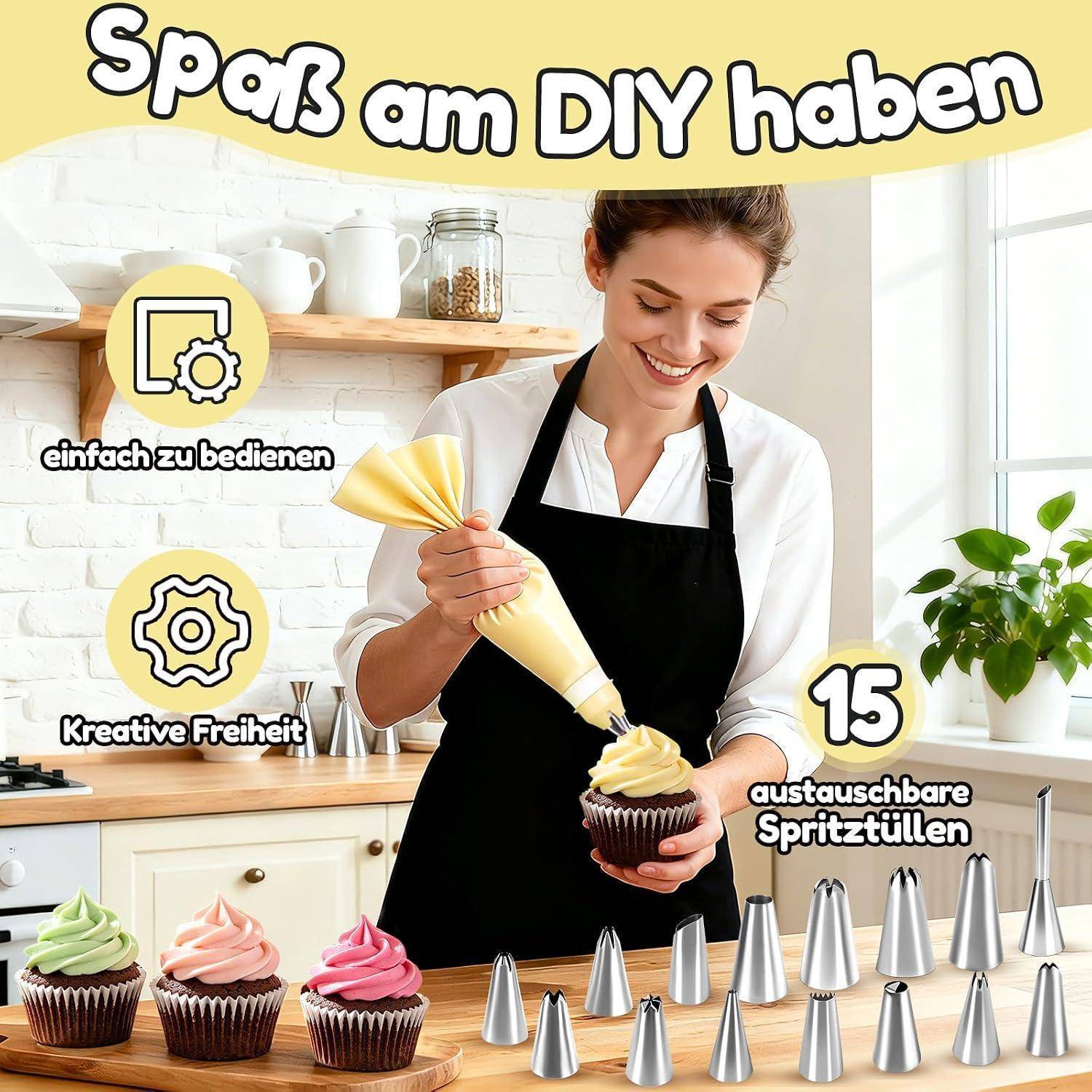 Eine Frau dekoriert einen Cupcake mit einem Spritzbeutel; der Anzeigentext sagt „Spaß am DIY haben