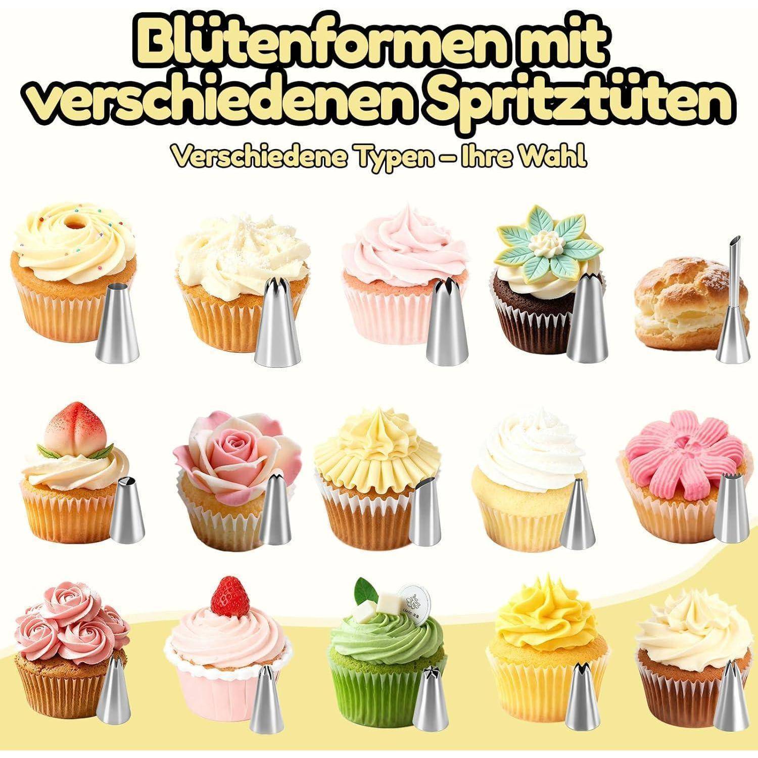 Plakat mit Cupcake-Frosting-Formen, die mit verschiedenen Spritztüten hergestellt wurden, beschriftet mit „Blütenformen mit verschiedenen Spritztüten